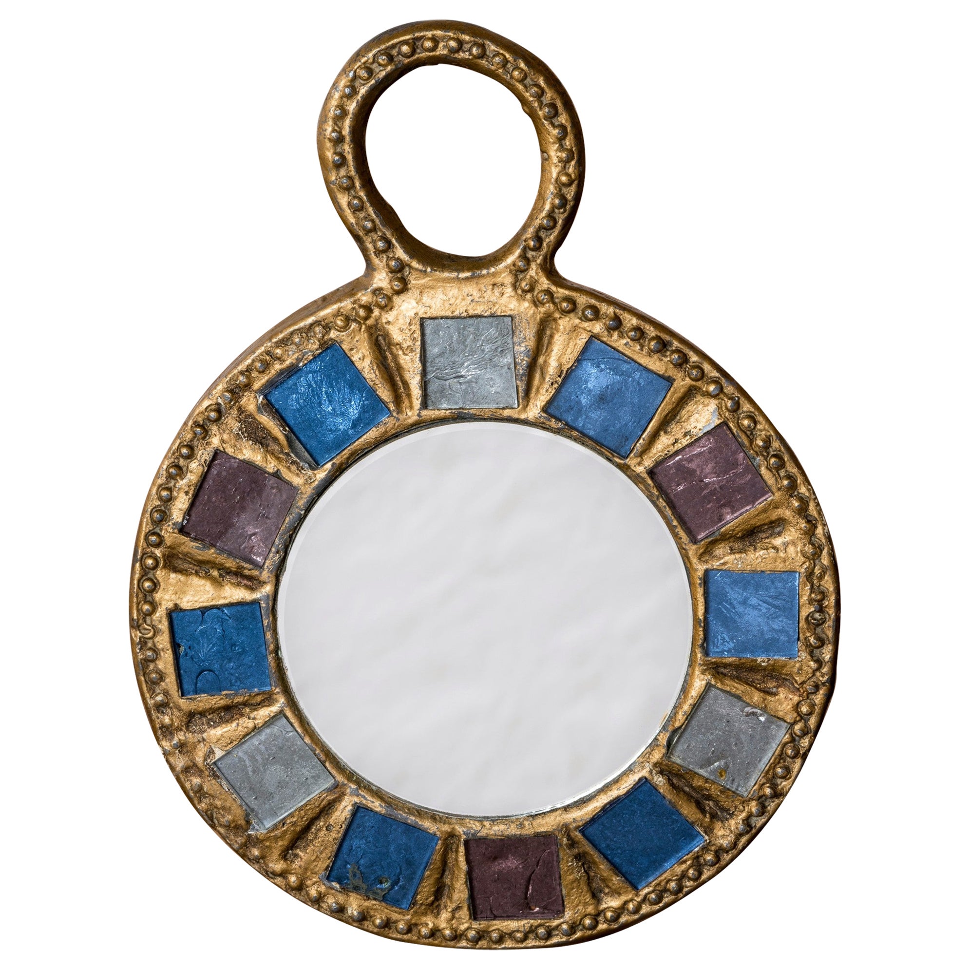Miroir à Talosel Bleu et Vert en Métal Doré d'Irena Jaworska, France, Années 1970 en vente
