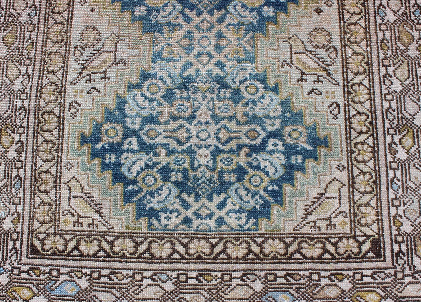 Blue Green, Teal, Brown, Yellow and Yellow Green Antique Persian Malayer Runner 4