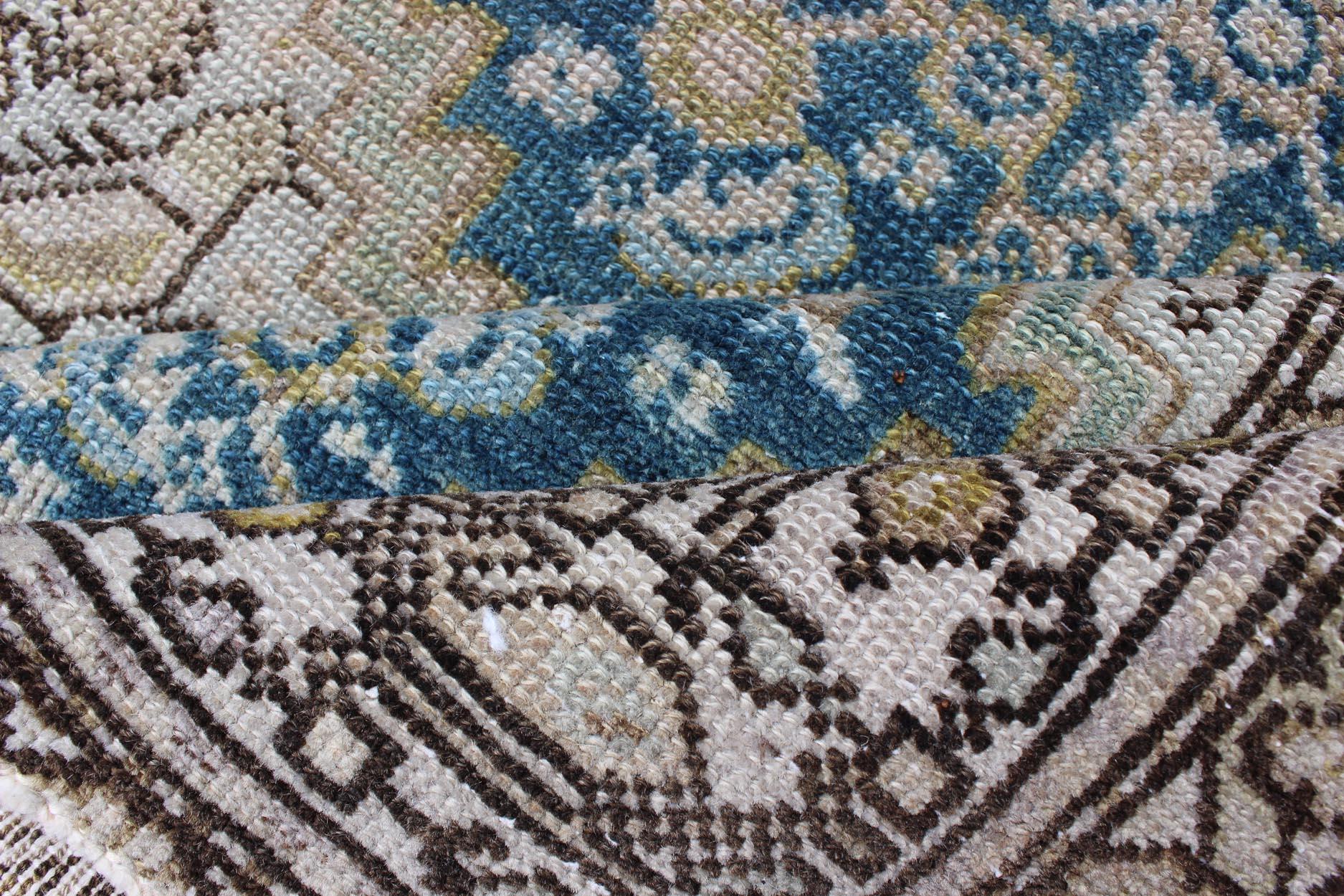 Blue Green, Teal, Brown, Yellow and Yellow Green Antique Persian Malayer Runner In Good Condition In Atlanta, GA
