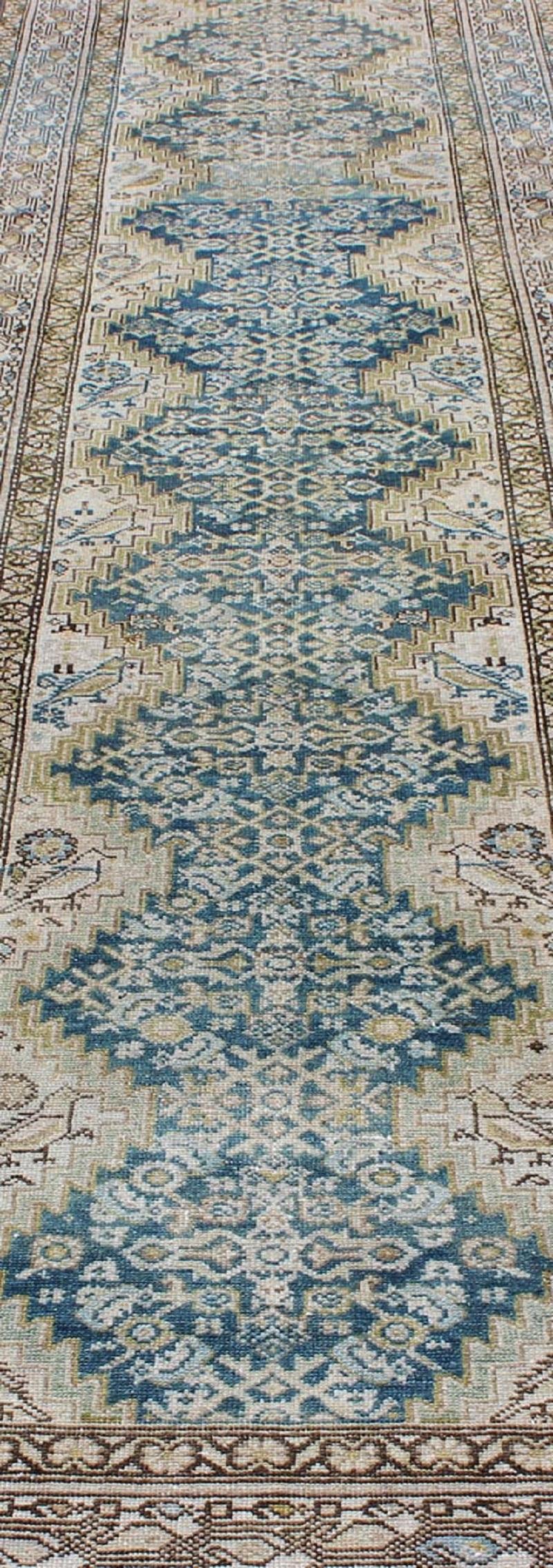 Wool Blue Green, Teal, Brown, Yellow and Yellow Green Antique Persian Malayer Runner