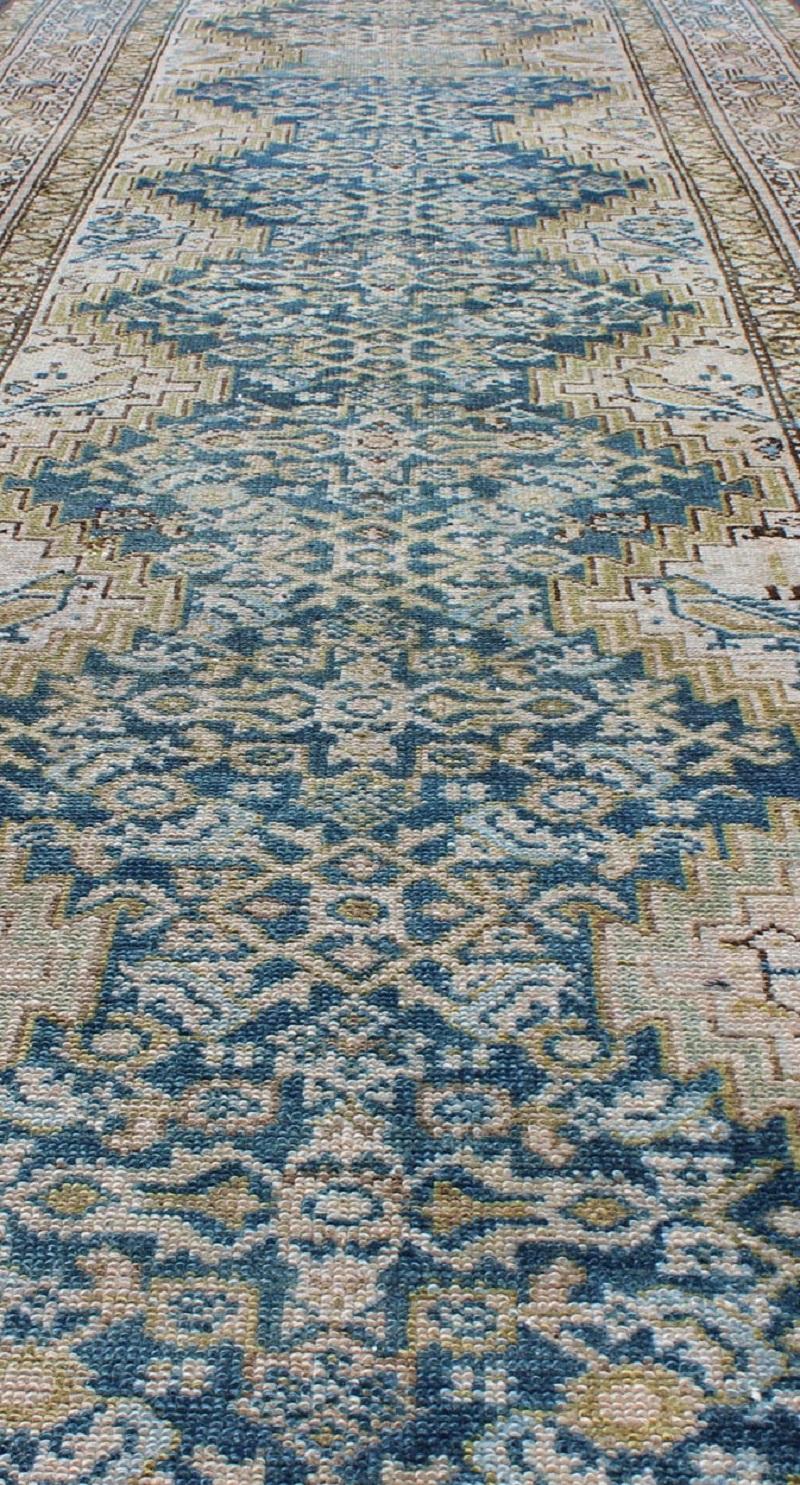 Blue Green, Teal, Brown, Yellow and Yellow Green Antique Persian Malayer Runner 1