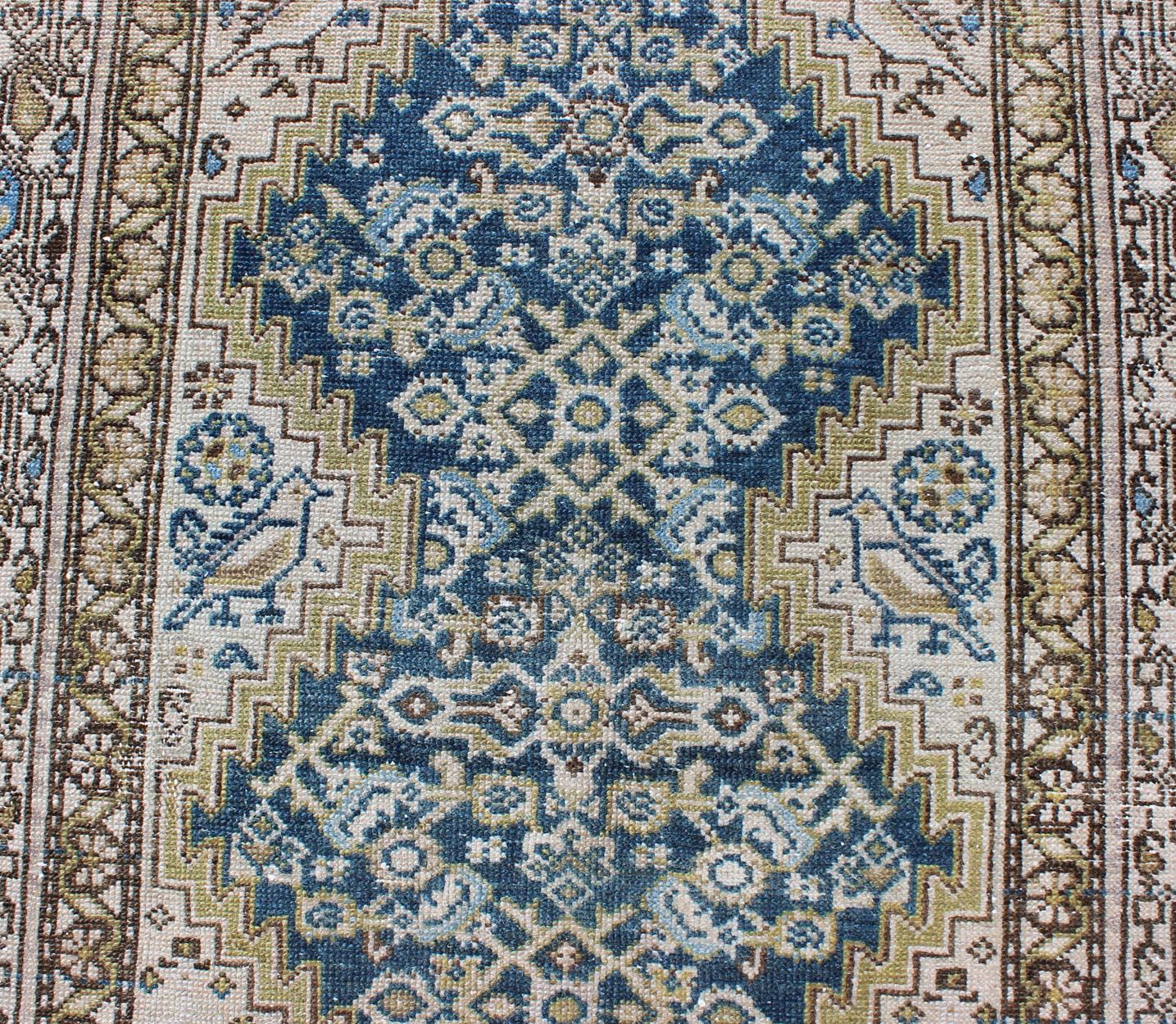 Blue Green, Teal, Brown, Yellow and Yellow Green Antique Persian Malayer Runner 2