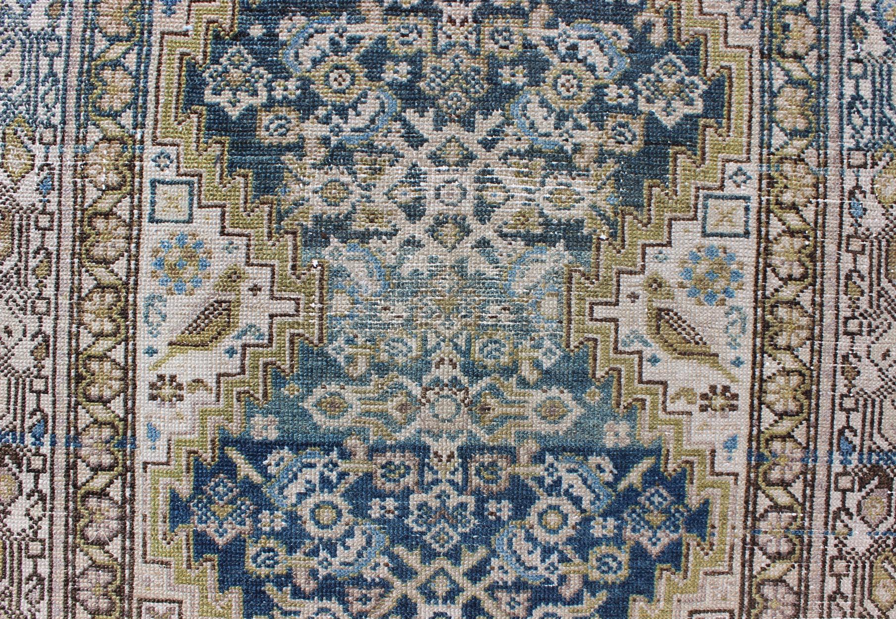 Blue Green, Teal, Brown, Yellow and Yellow Green Antique Persian Malayer Runner 3