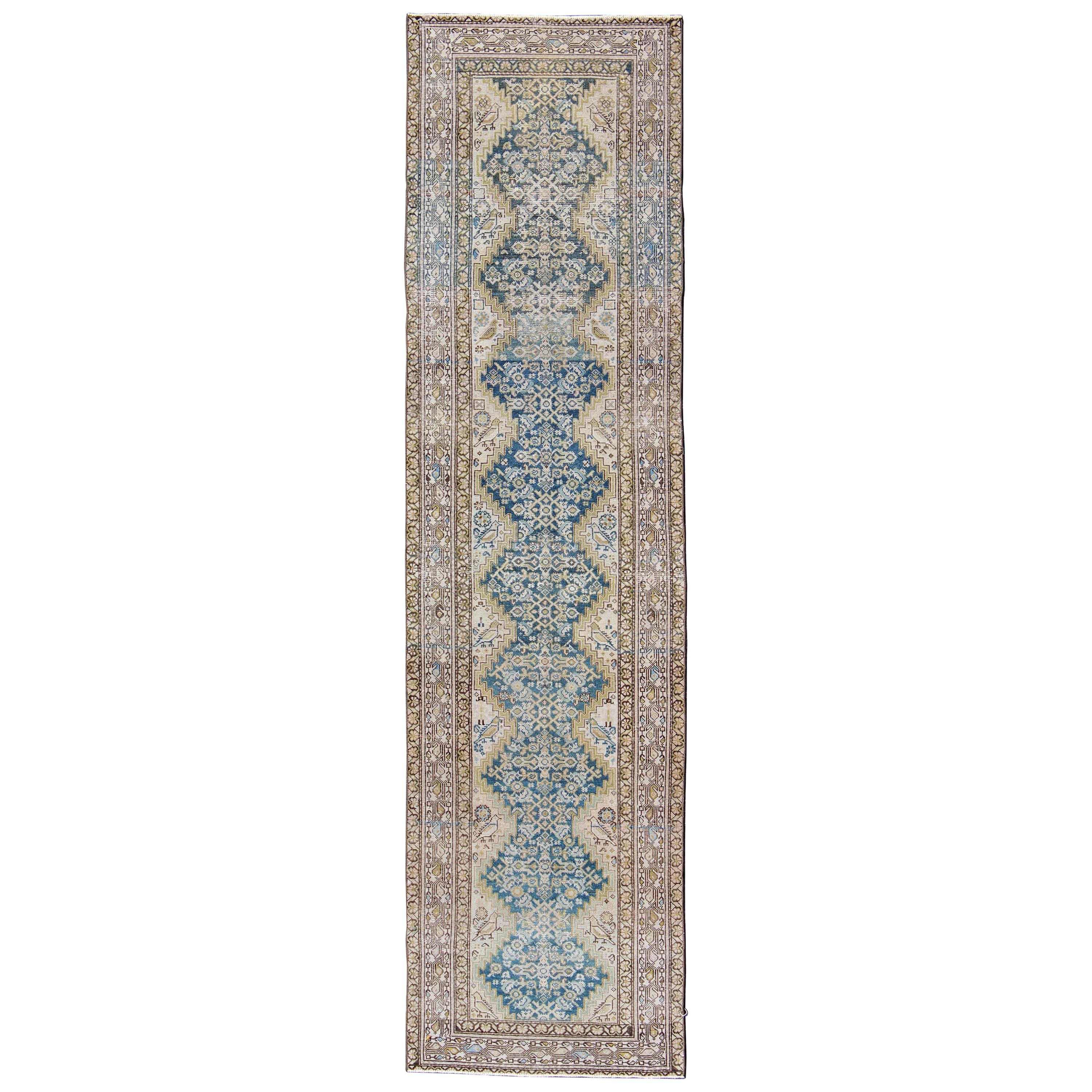 Blue Green, Teal, Brown, Yellow and Yellow Green Antique Persian Malayer Runner