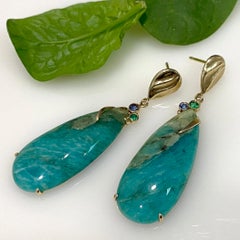Blue Green Teardrop Amazonite Gold Earrings with Blue Sapphire and Green Garnet