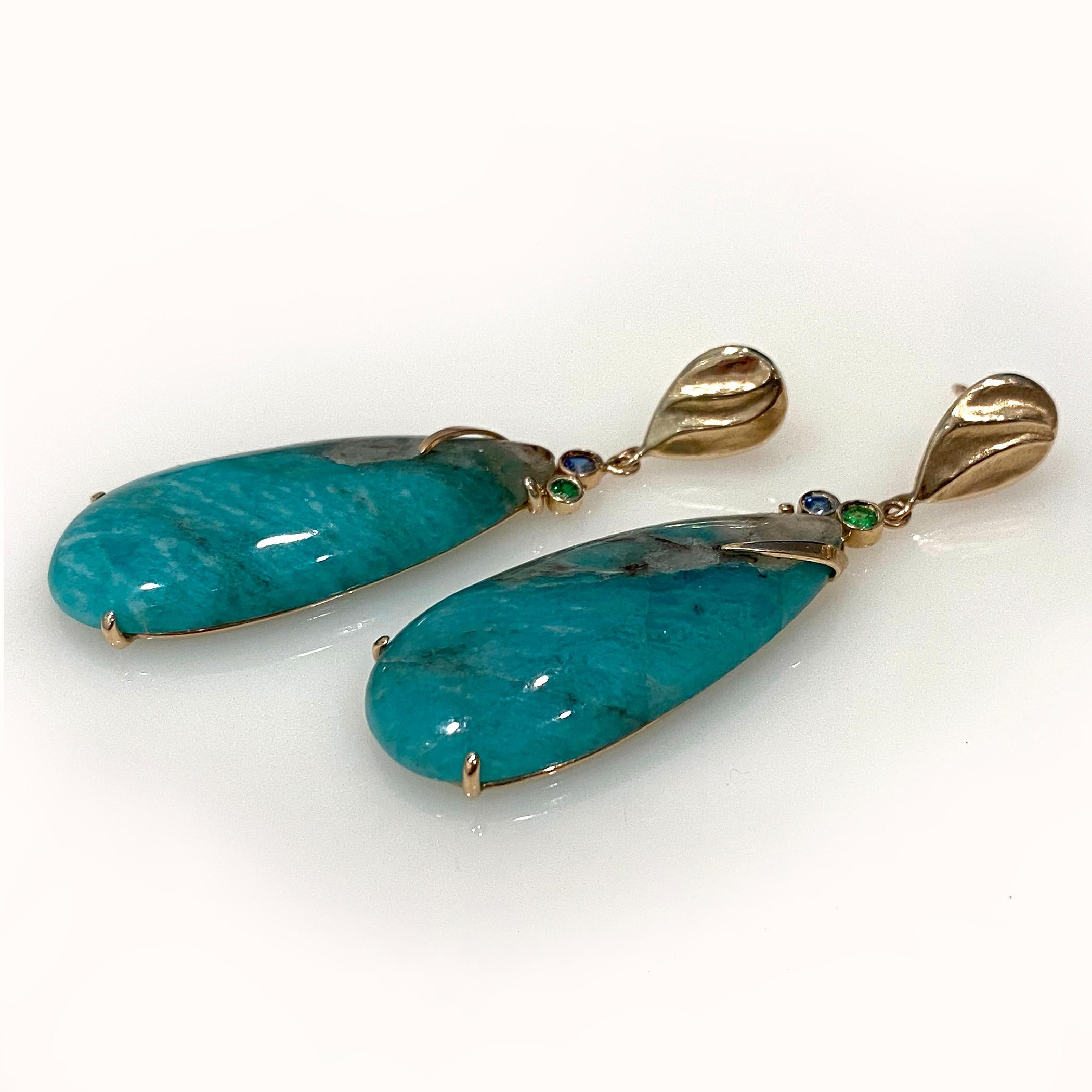 Contemporary Blue Green Teardrop Amazonite Gold Earrings with Blue Sapphire and Green Garnet For Sale