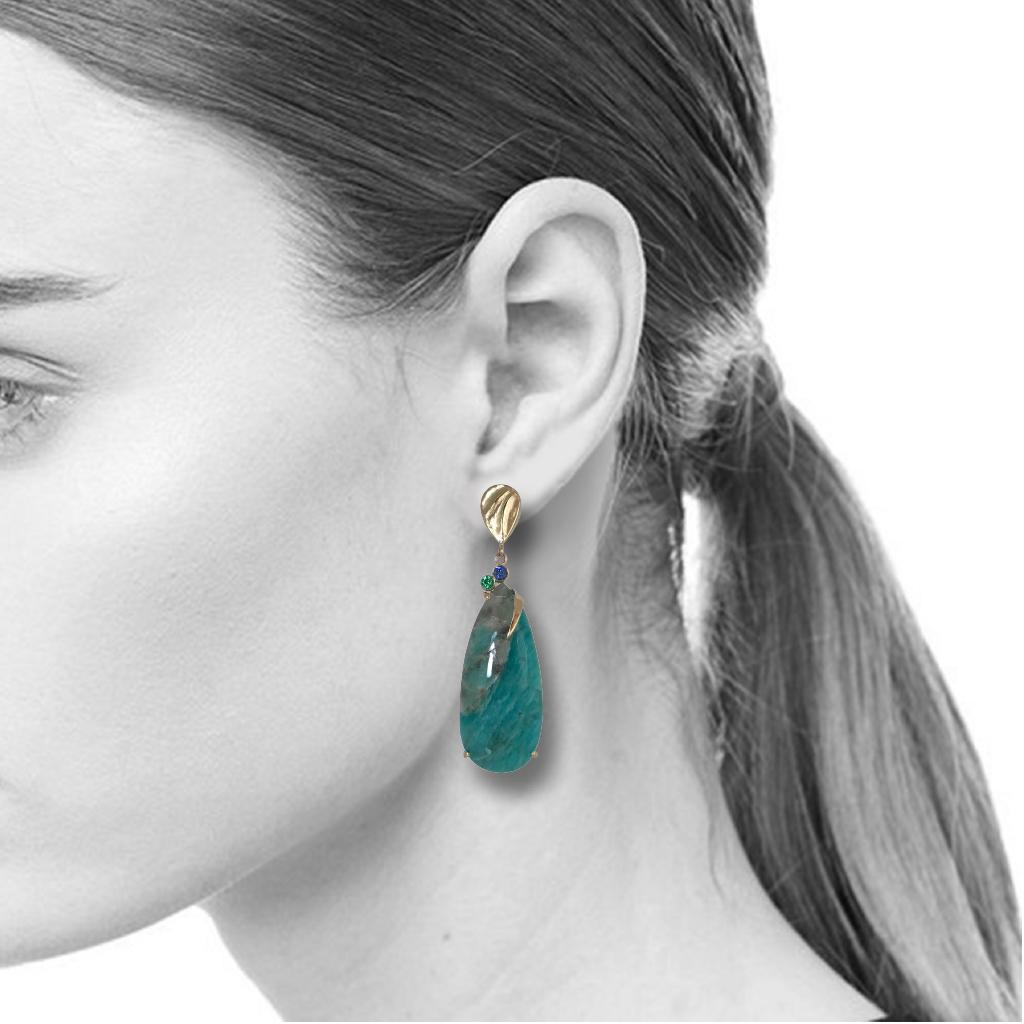Pear Cut Blue Green Teardrop Amazonite Gold Earrings with Blue Sapphire and Green Garnet For Sale