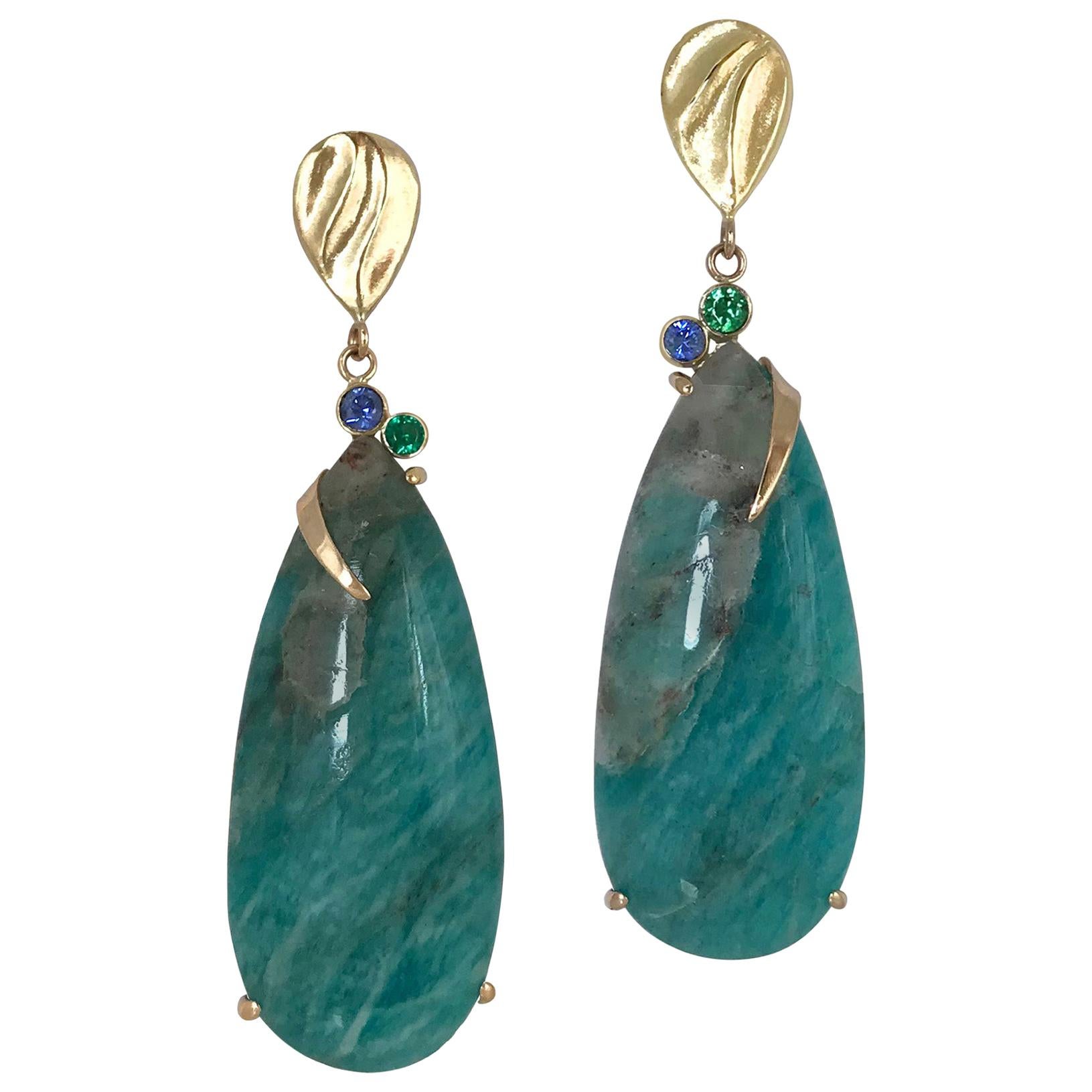 Blue Green Teardrop Amazonite Gold Earrings with Blue Sapphire and Green Garnet For Sale