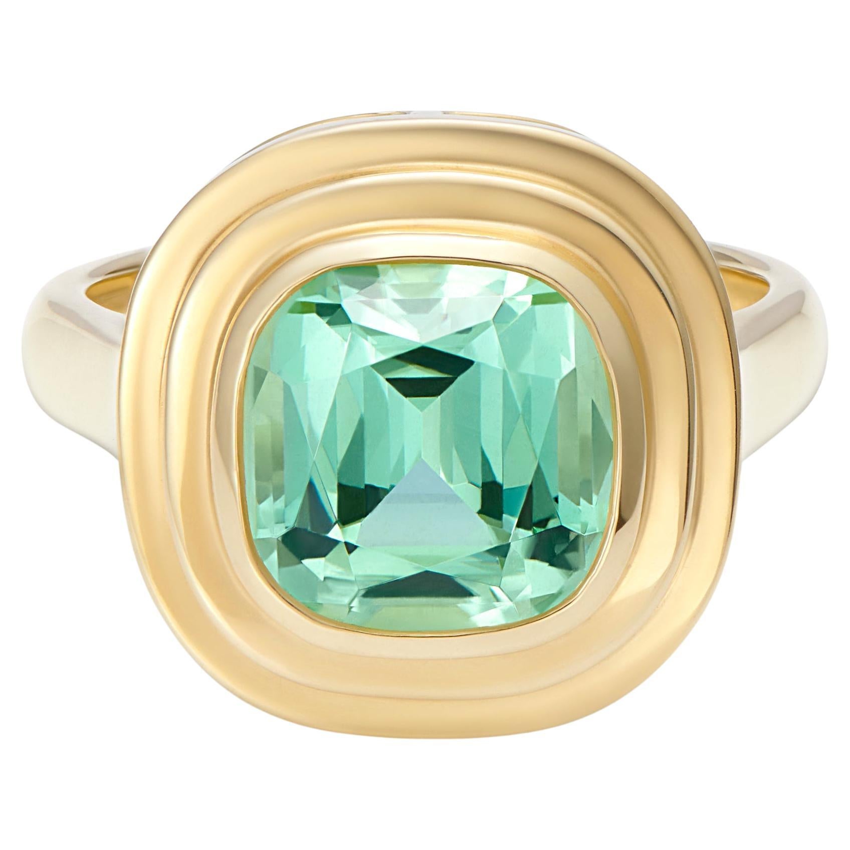 Greene & Greene : Bague cocktail en or jaune 18 carats avec tourmaline bleu vert pastel de 4,60ct