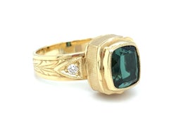 Blue-Green Tourmaline and Diamond, Hand-Engraved 18k Yellow Gold Ring