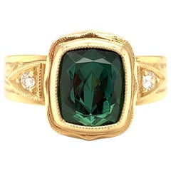 Blue-Green Tourmaline and Diamond, Hand-Engraved 18k Yellow Gold Ring
