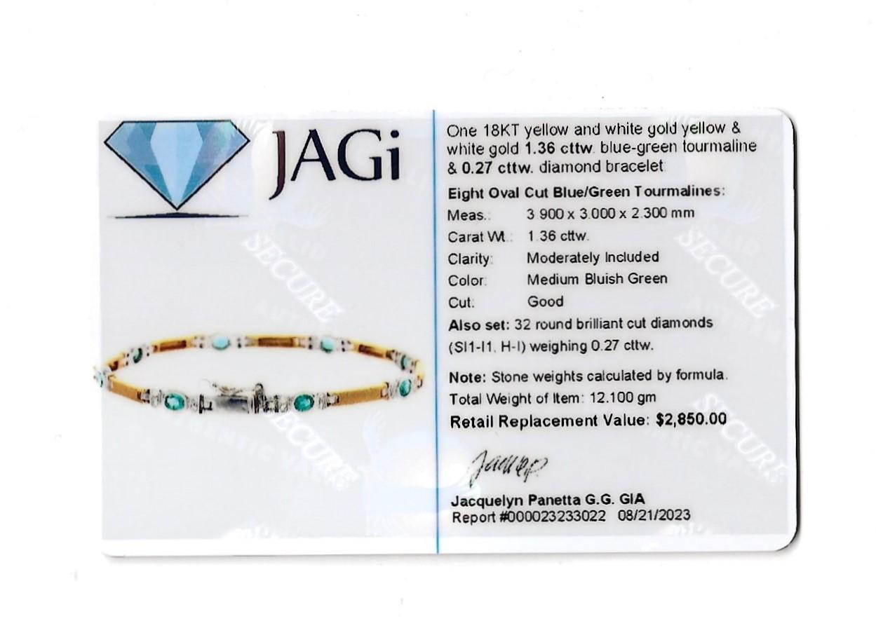 Blue-Green Tourmaline and Diamond Link Bracelet Set in Two-Tone 18 Karat Gold For Sale 5