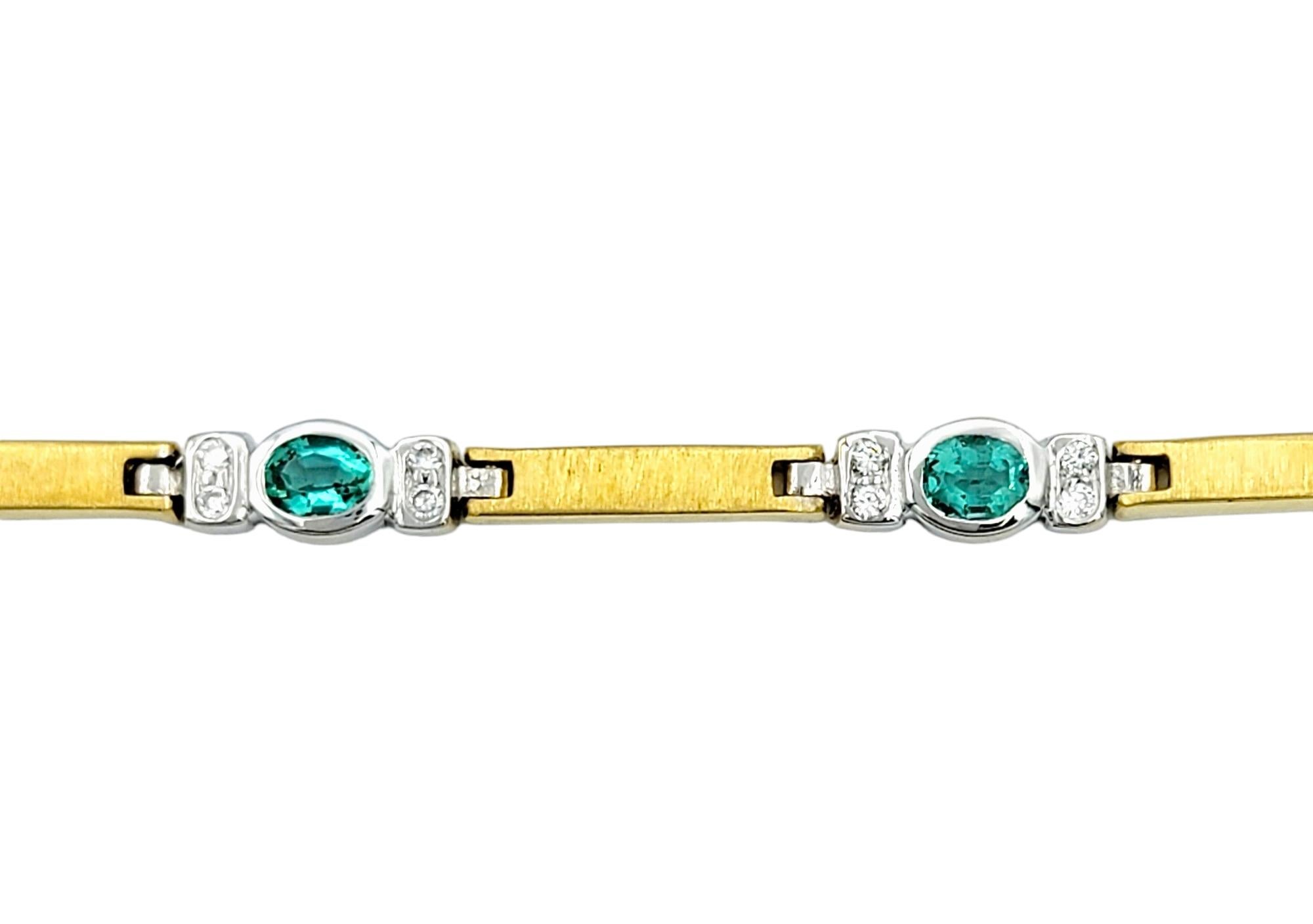 Contemporary Blue-Green Tourmaline and Diamond Link Bracelet Set in Two-Tone 18 Karat Gold For Sale