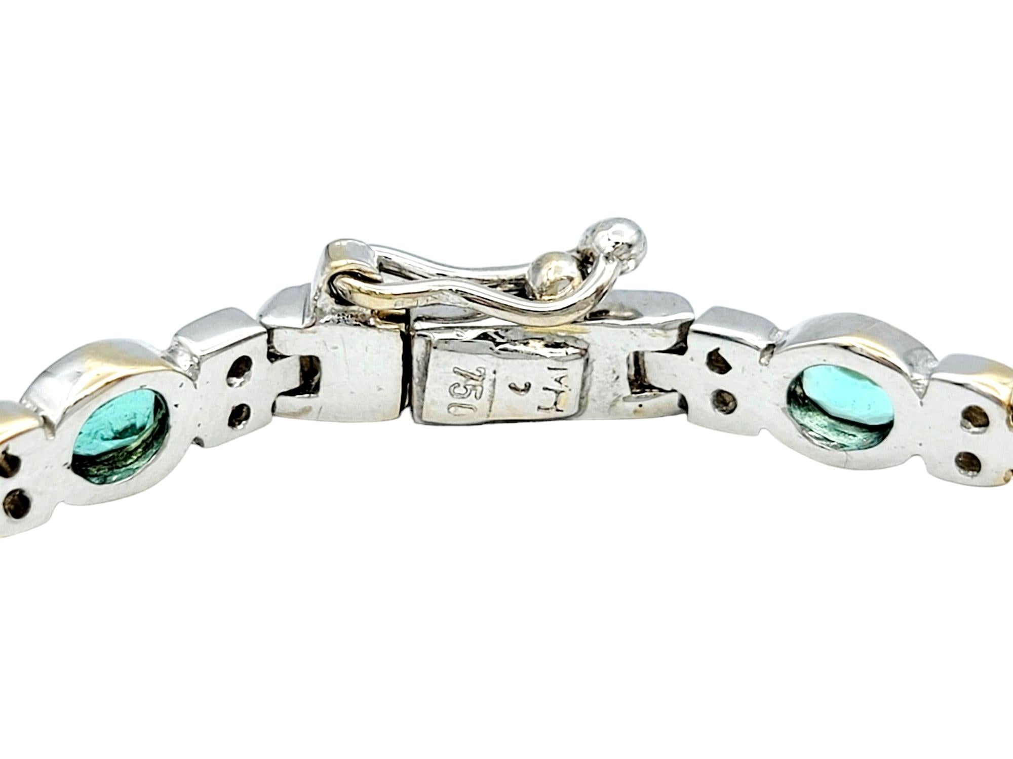 Women's Blue-Green Tourmaline and Diamond Link Bracelet Set in Two-Tone 18 Karat Gold For Sale