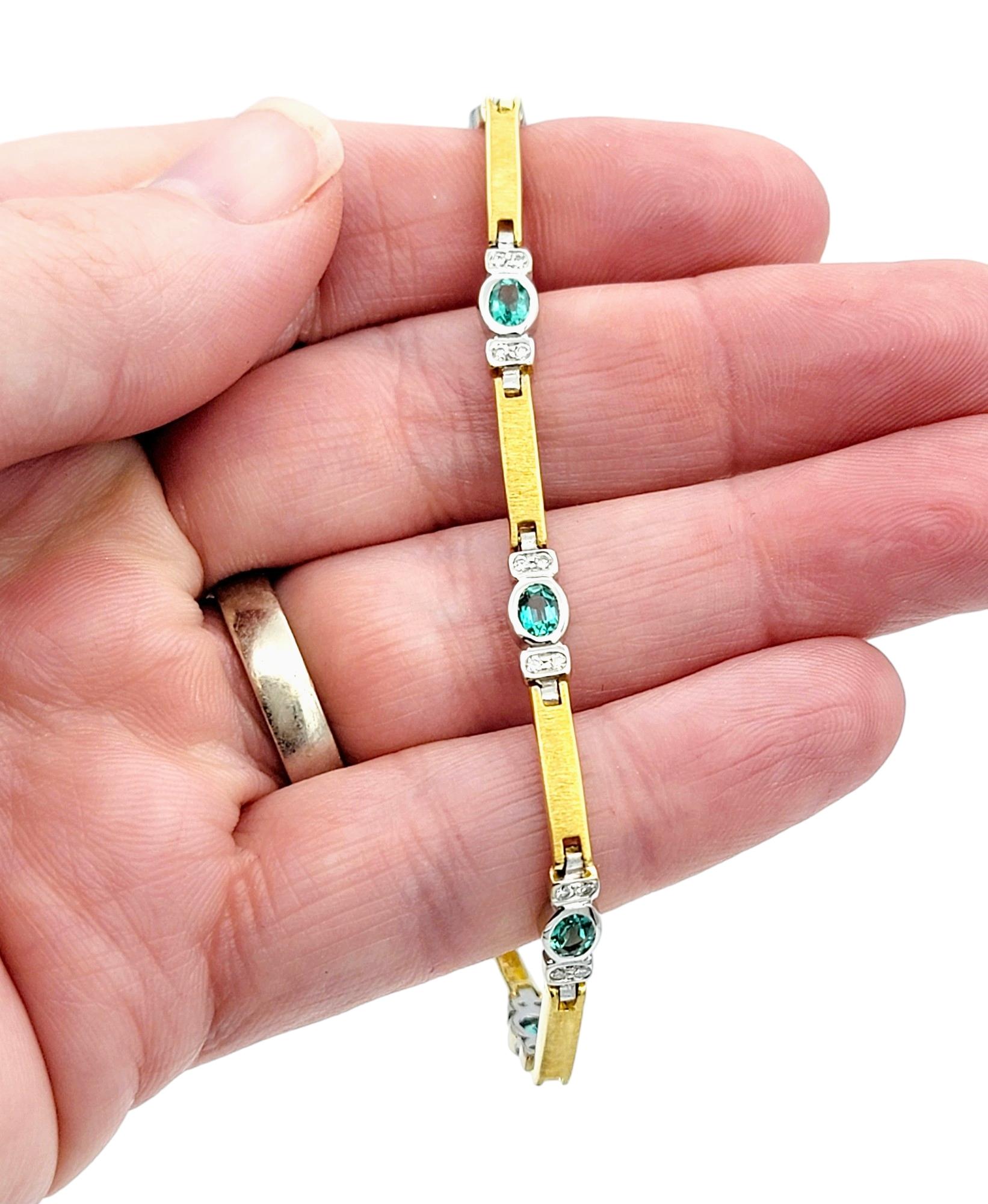 Blue-Green Tourmaline and Diamond Link Bracelet Set in Two-Tone 18 Karat Gold For Sale 2