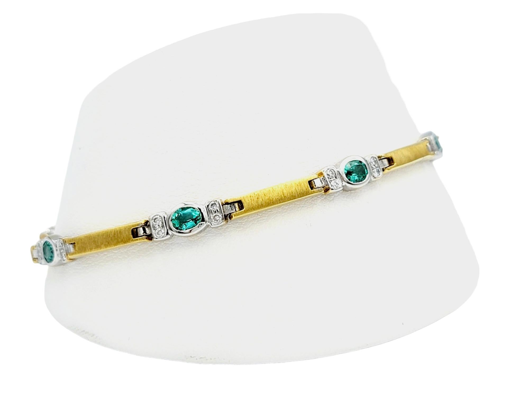 Blue-Green Tourmaline and Diamond Link Bracelet Set in Two-Tone 18 Karat Gold For Sale 3