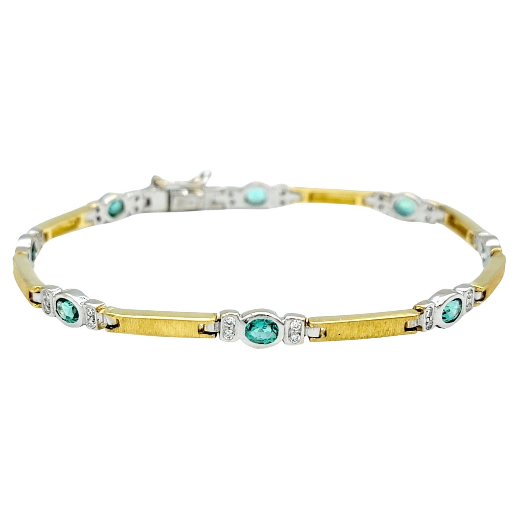 Blue-Green Tourmaline and Diamond Link Bracelet Set in Two-Tone 18 Karat Gold For Sale