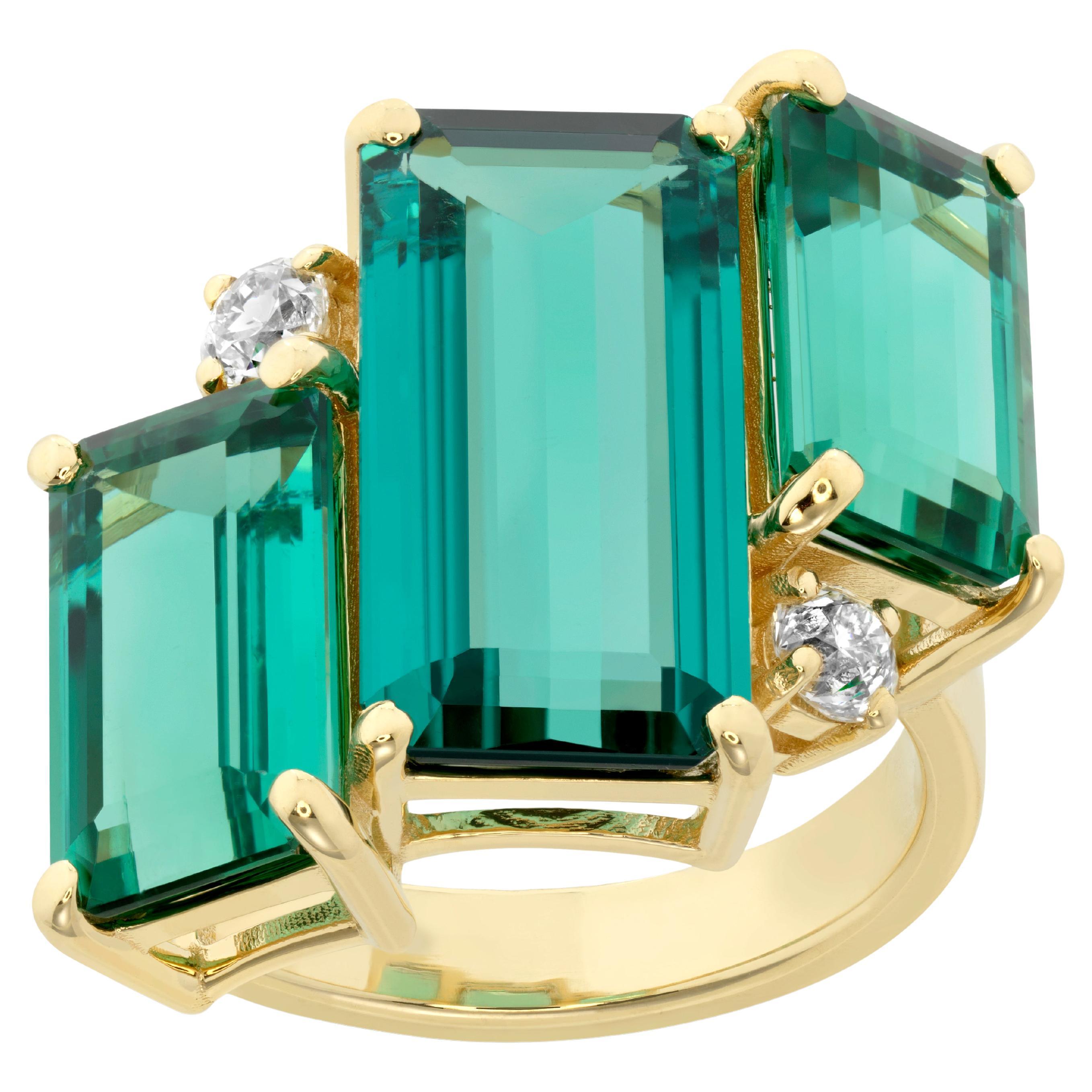 Blue Green Tourmaline and Diamond Ring