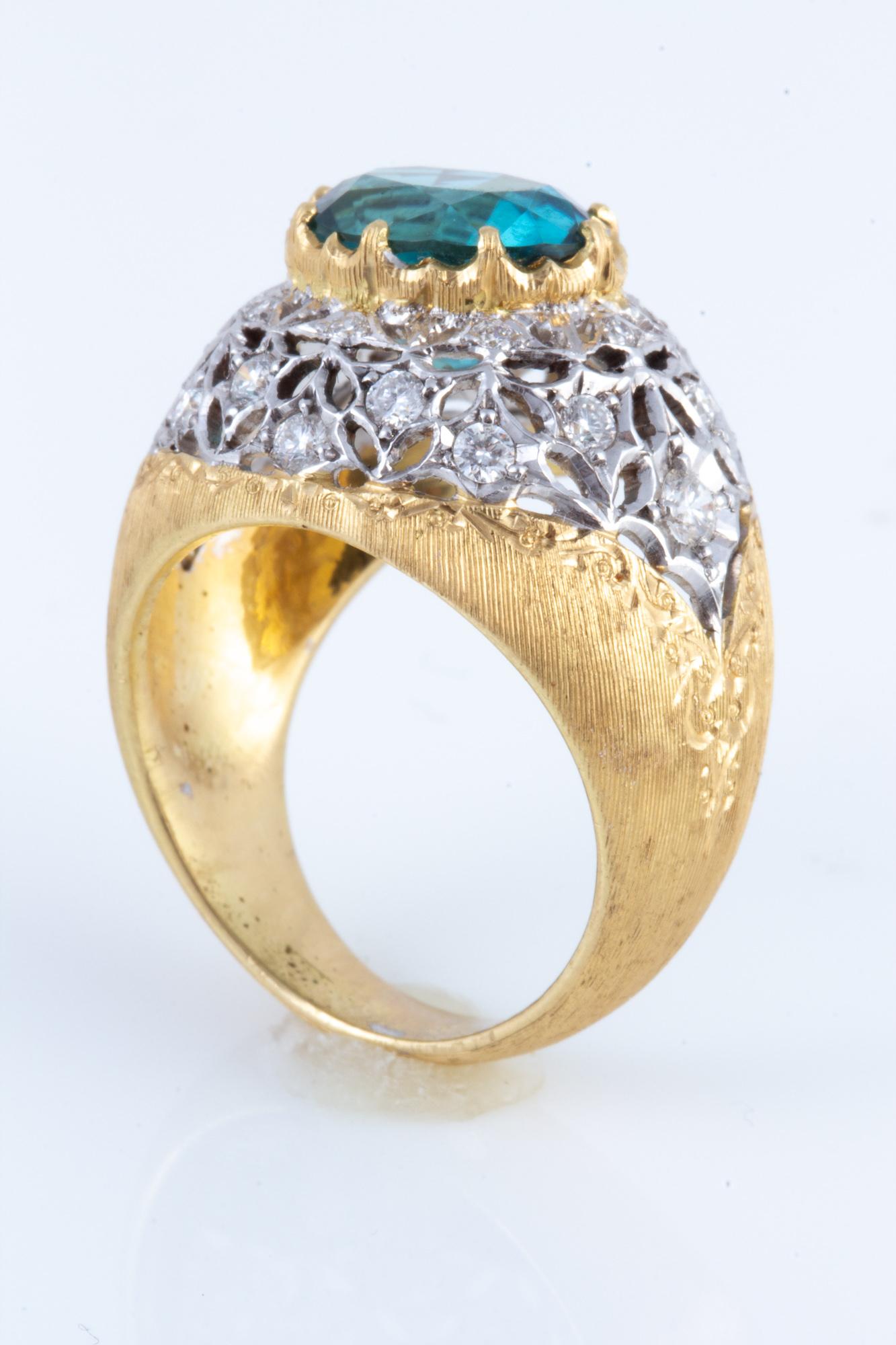 Blauer, blauer, grüner Turmalin und Diamantring aus Florentiner Gold, handgefertigt 18 kt Gold im Angebot 6