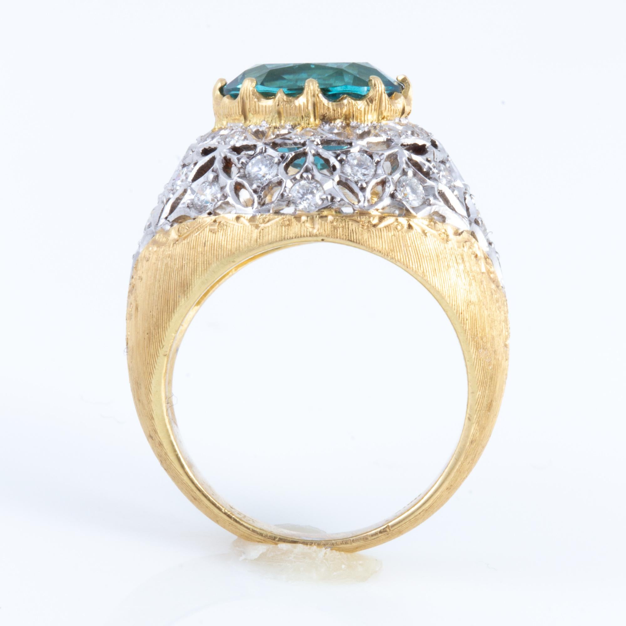 Blue Green Tourmaline and Diamond Ring in Florentine Crafted 18 kt Gold For Sale 6
