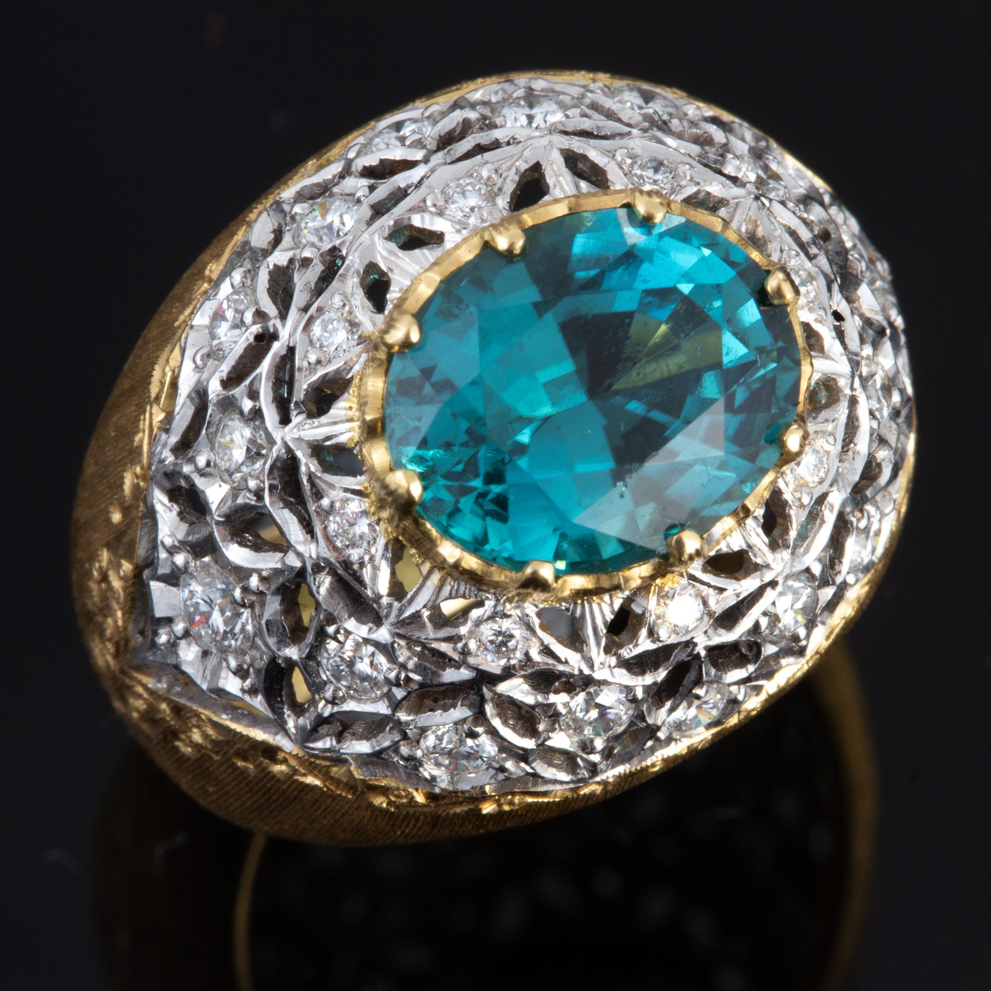 Blauer, blauer, grüner Turmalin und Diamantring aus Florentiner Gold, handgefertigt 18 kt Gold (Ovalschliff) im Angebot