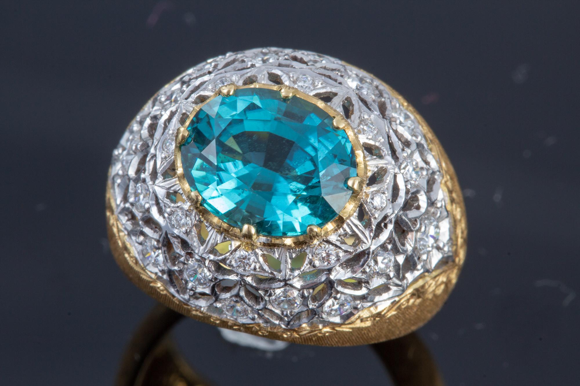 Blauer, blauer, grüner Turmalin und Diamantring aus Florentiner Gold, handgefertigt 18 kt Gold im Zustand „Neu“ im Angebot in Houston, TX
