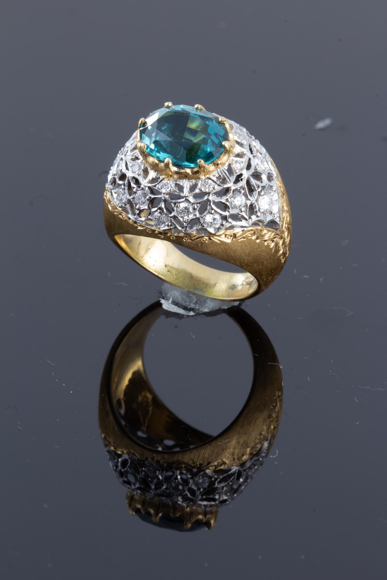 Blauer, blauer, grüner Turmalin und Diamantring aus Florentiner Gold, handgefertigt 18 kt Gold für Damen oder Herren im Angebot