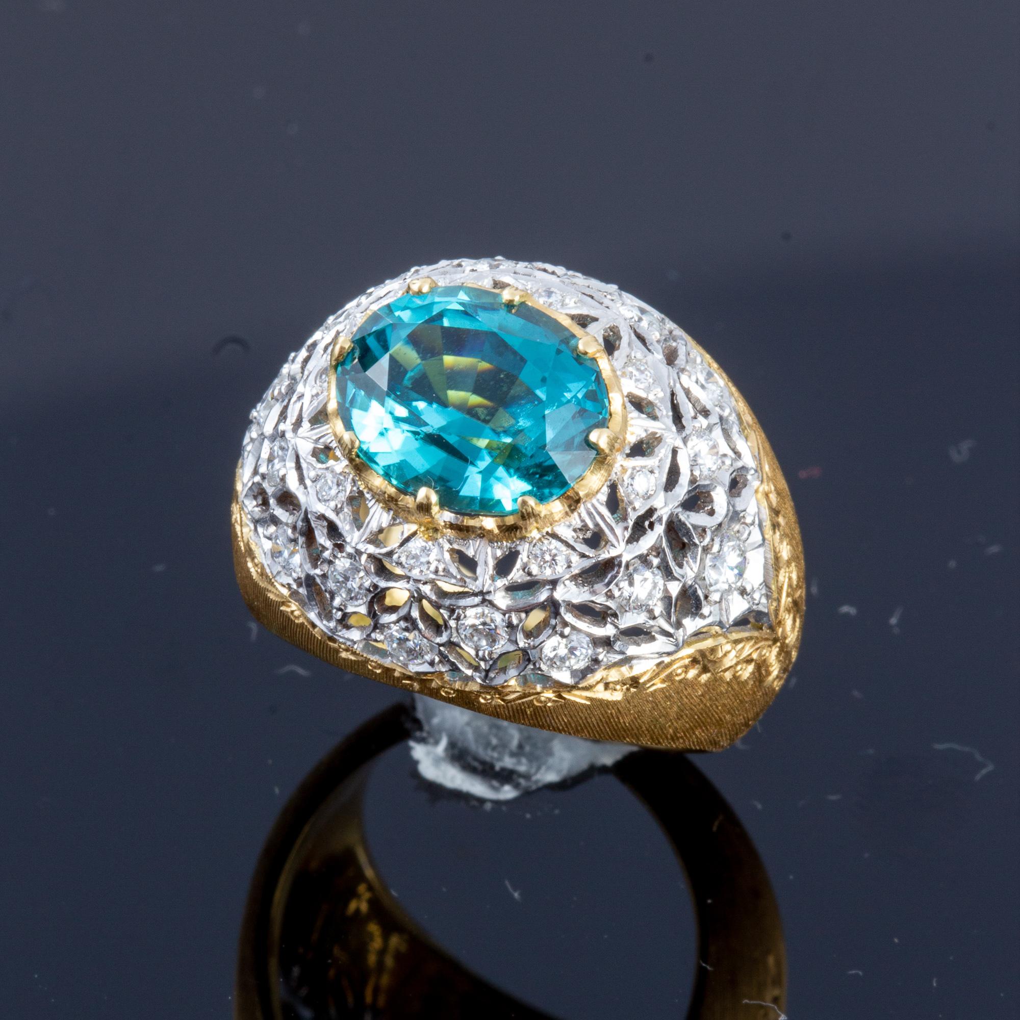 Blauer, blauer, grüner Turmalin und Diamantring aus Florentiner Gold, handgefertigt 18 kt Gold im Angebot 1