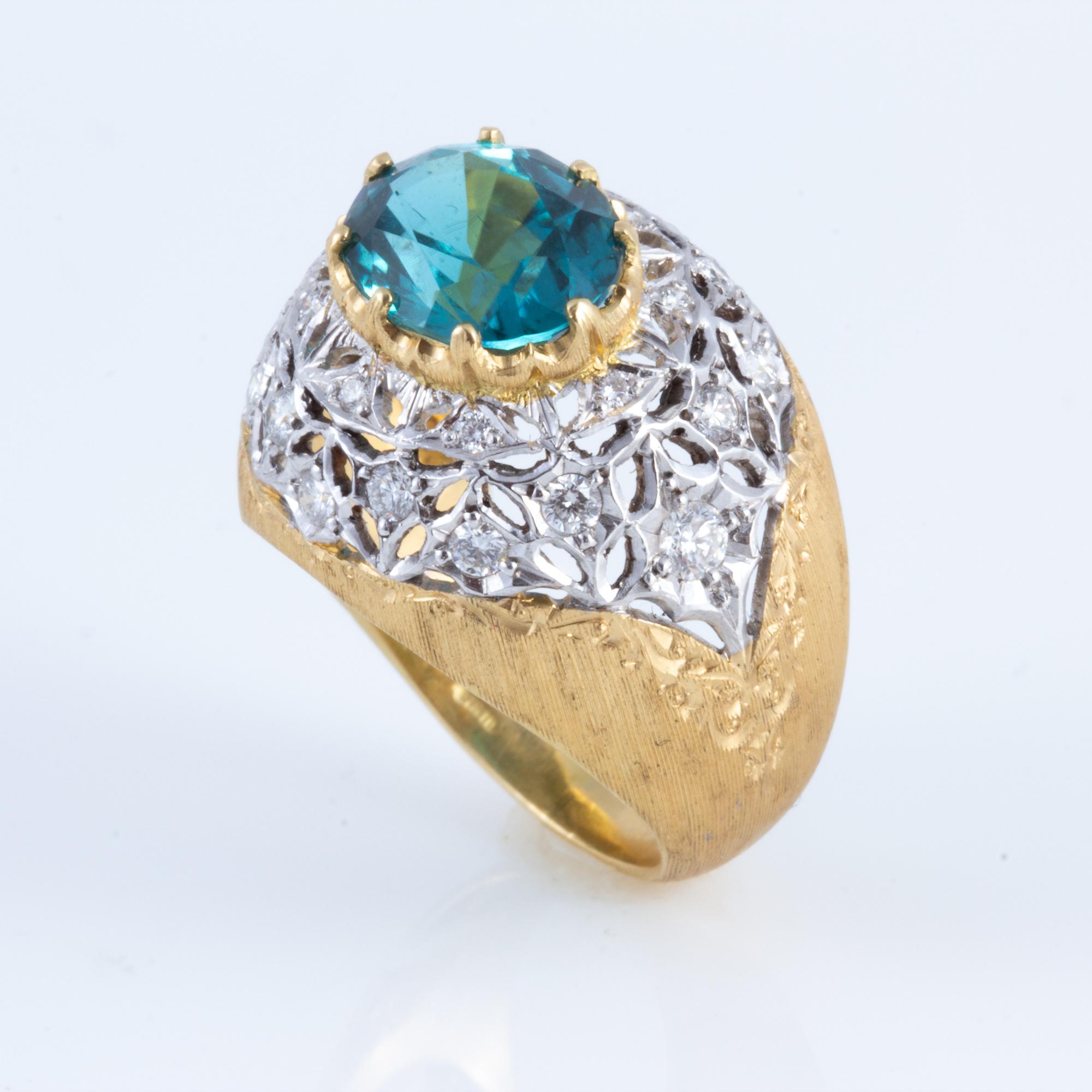 Blauer, blauer, grüner Turmalin und Diamantring aus Florentiner Gold, handgefertigt 18 kt Gold im Angebot 4