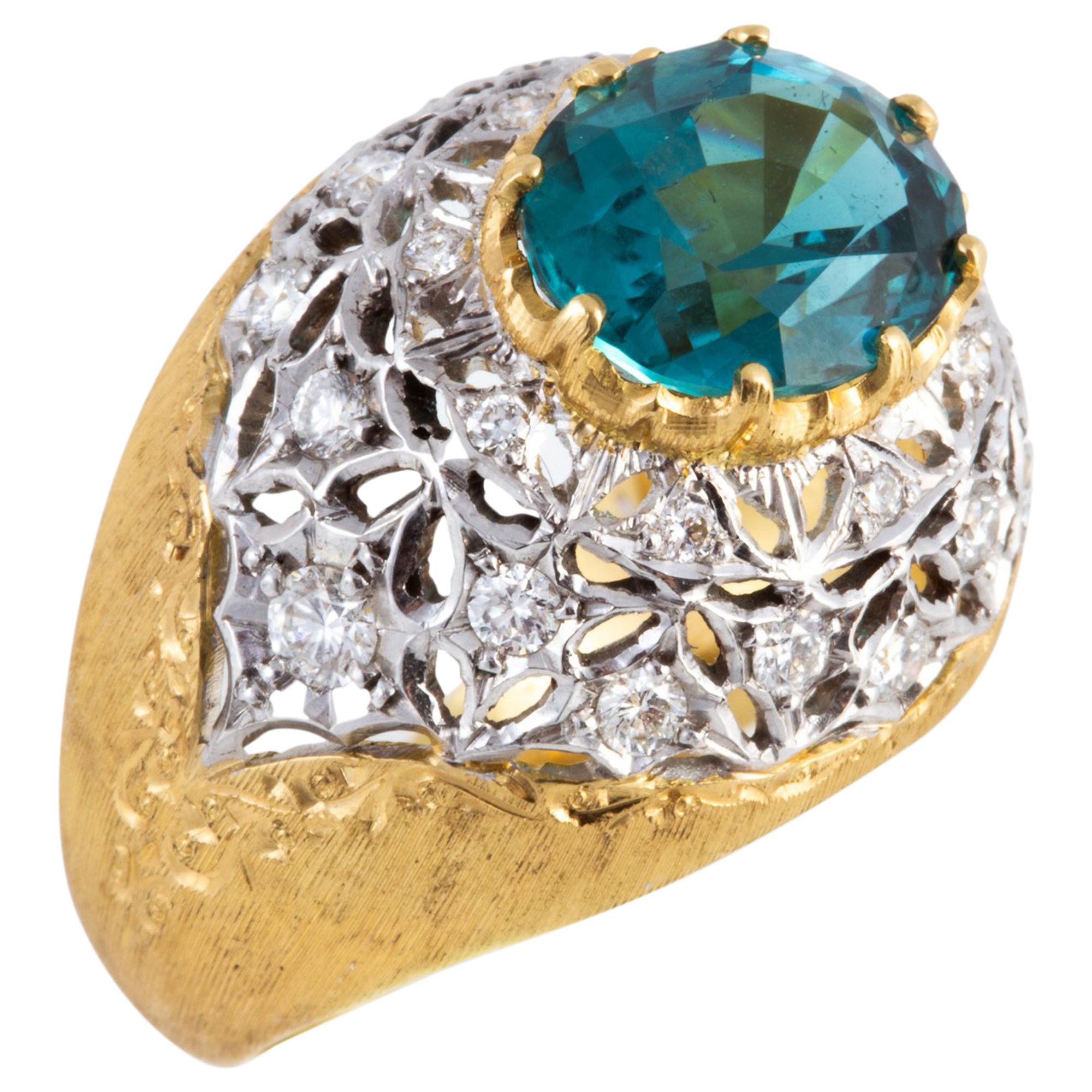 Blue Green Tourmaline and Diamond Ring in Florentine Crafted 18 kt Gold For Sale
