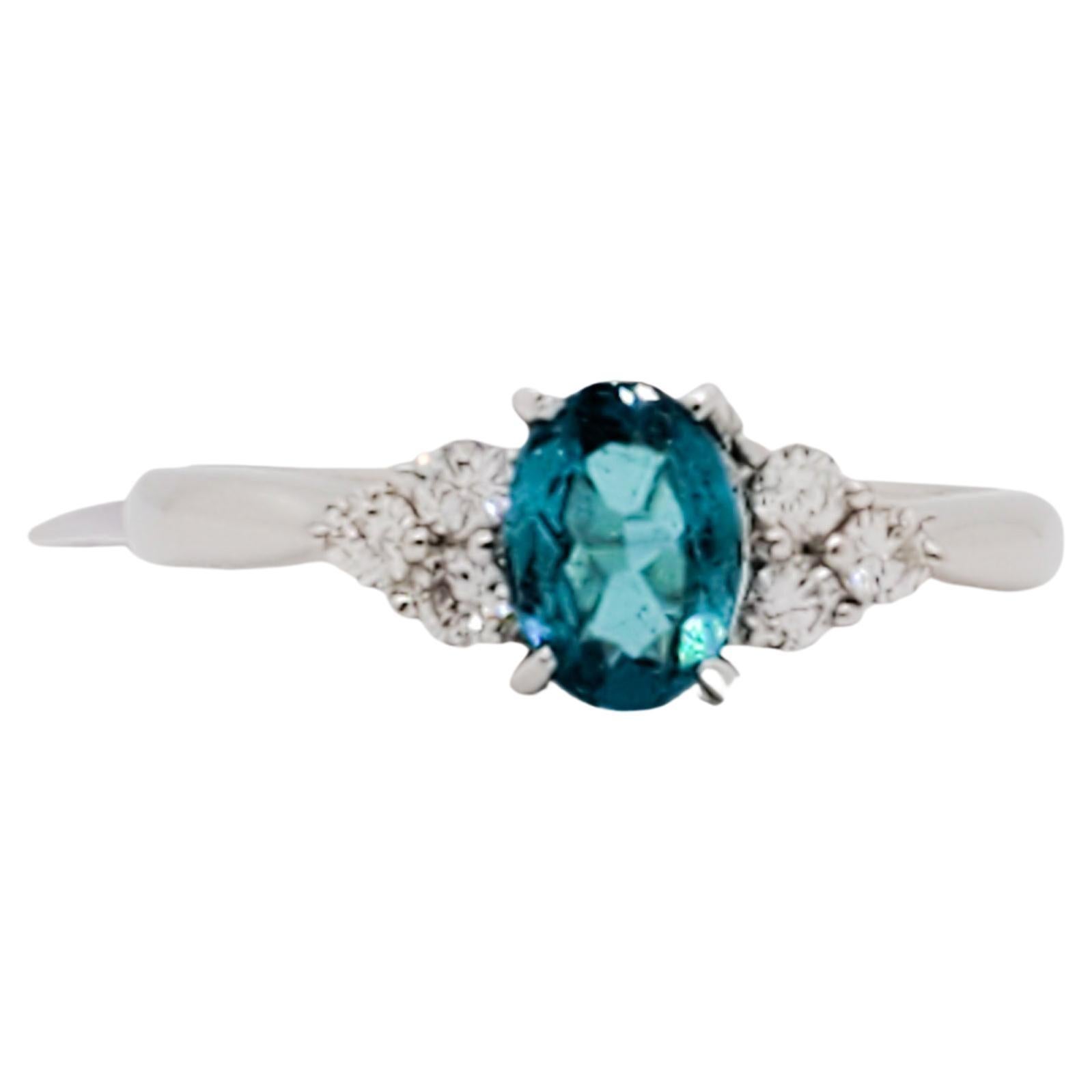 Blue Green Tourmaline and Diamond Ring in Platinum