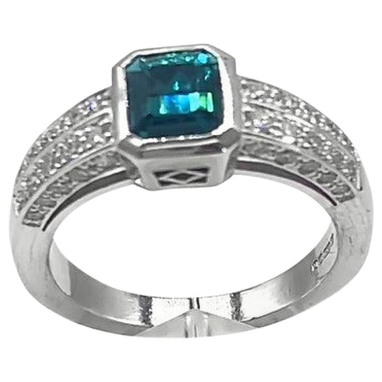 Blue Green Tourmaline and White Diamond Ring For Sale