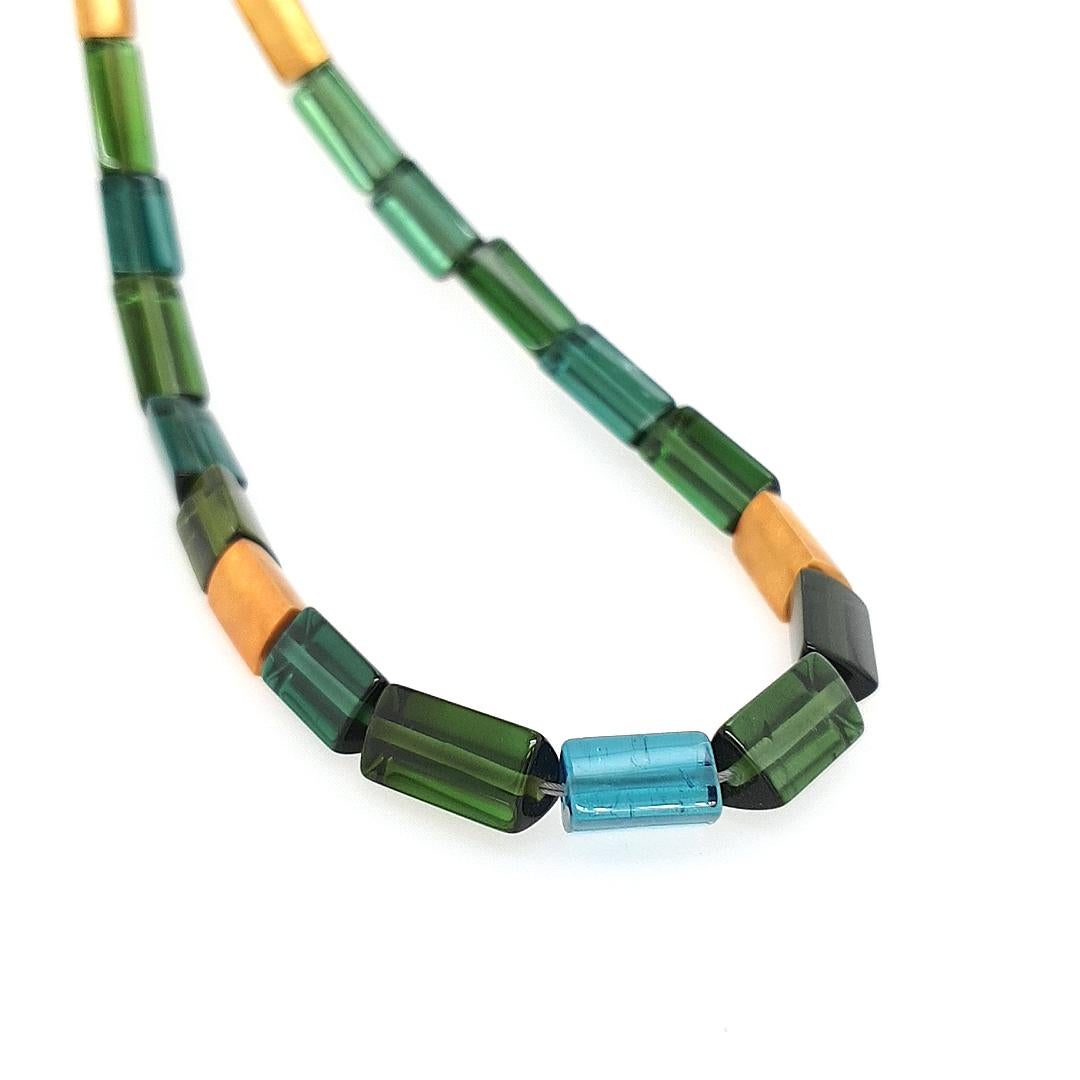 Arts and Crafts Blue Green Tourmaline Crystal Beaded Necklace with 18 Carat Mat Yellow Gold