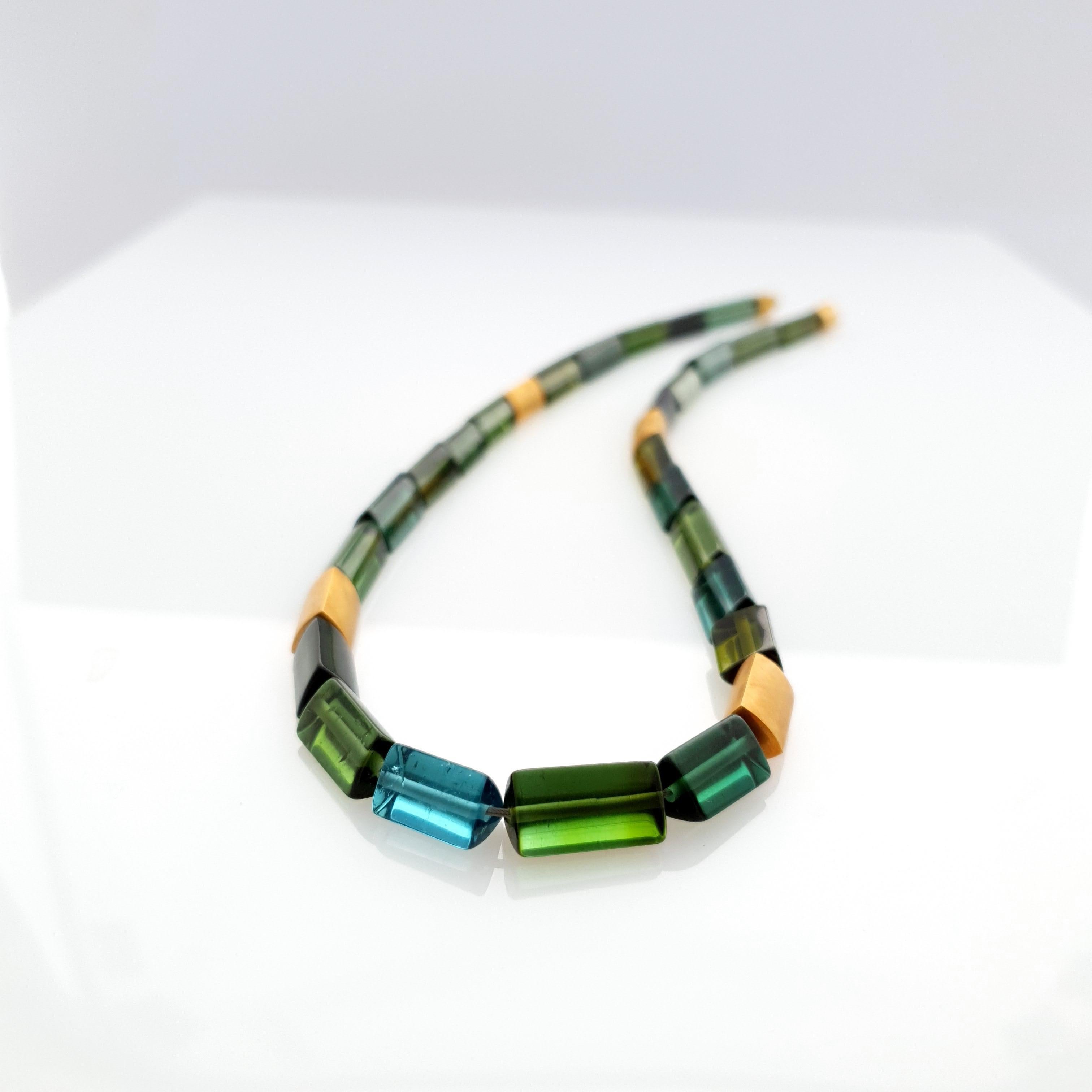 Women's Blue Green Tourmaline Crystal Beaded Necklace with 18 Carat Mat Yellow Gold