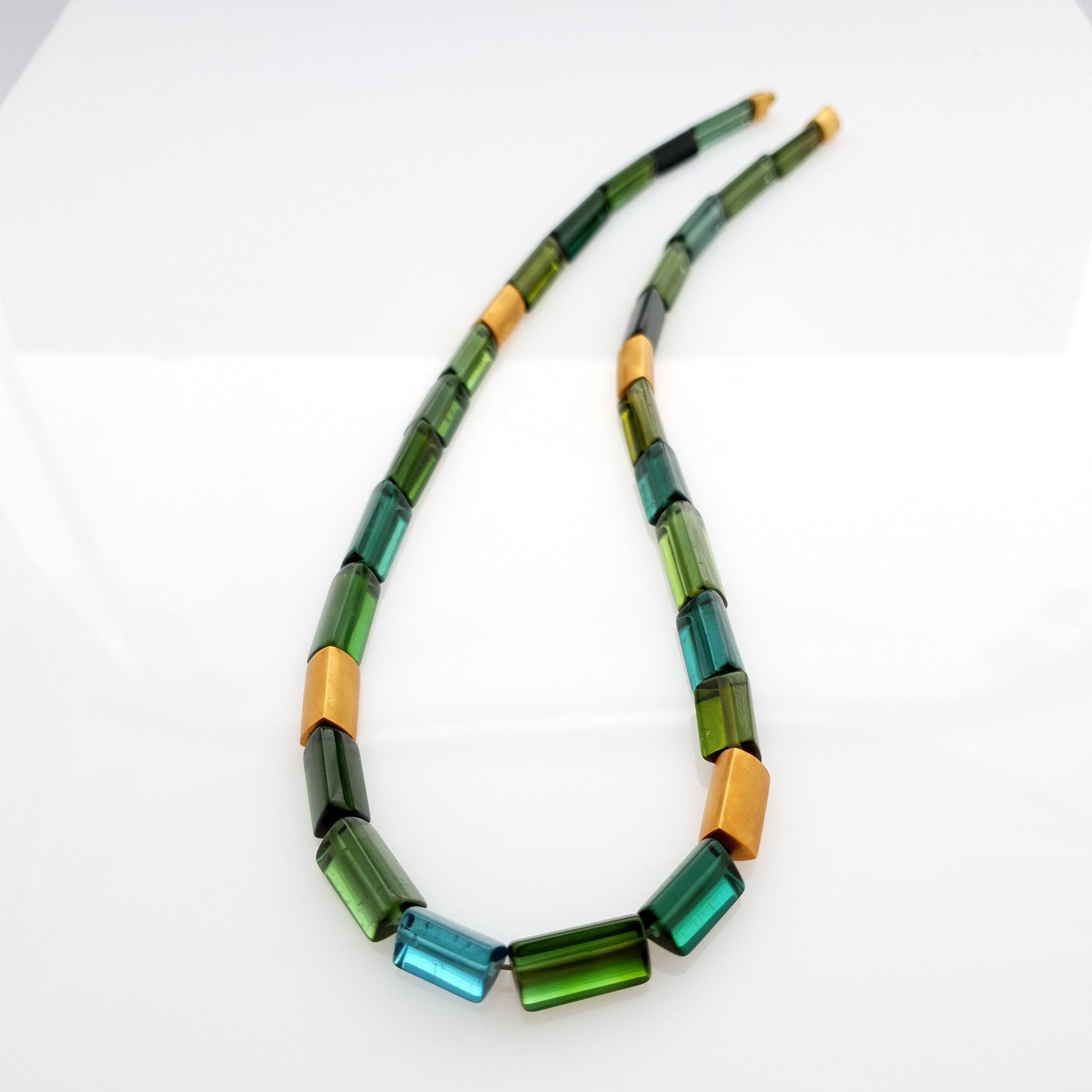 Blue Green Tourmaline Crystal Beaded Necklace with 18 Carat Mat Yellow Gold 1