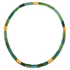 Blue Green Tourmaline Crystal Beaded Necklace with 18 Carat Mat Yellow Gold