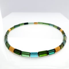 Blue Green Tourmaline Crystal Beaded Necklace with 18 Carat Mat Yellow Gold