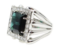Blue Green Tourmaline Diamond 18 Karat White Gold Statement Ring