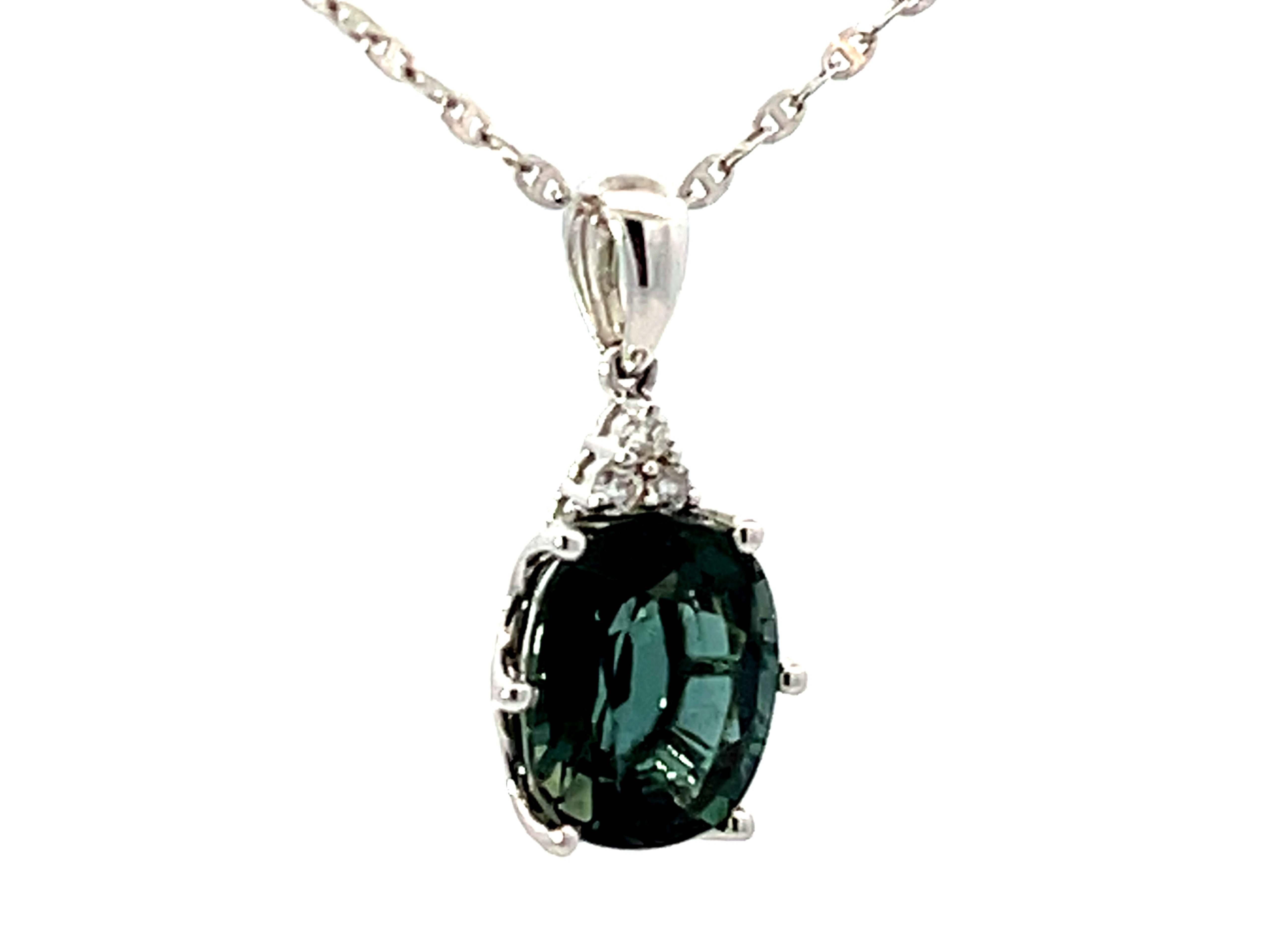 Modern Blue Green Tourmaline Diamond Necklace Solid 18k White Gold For Sale