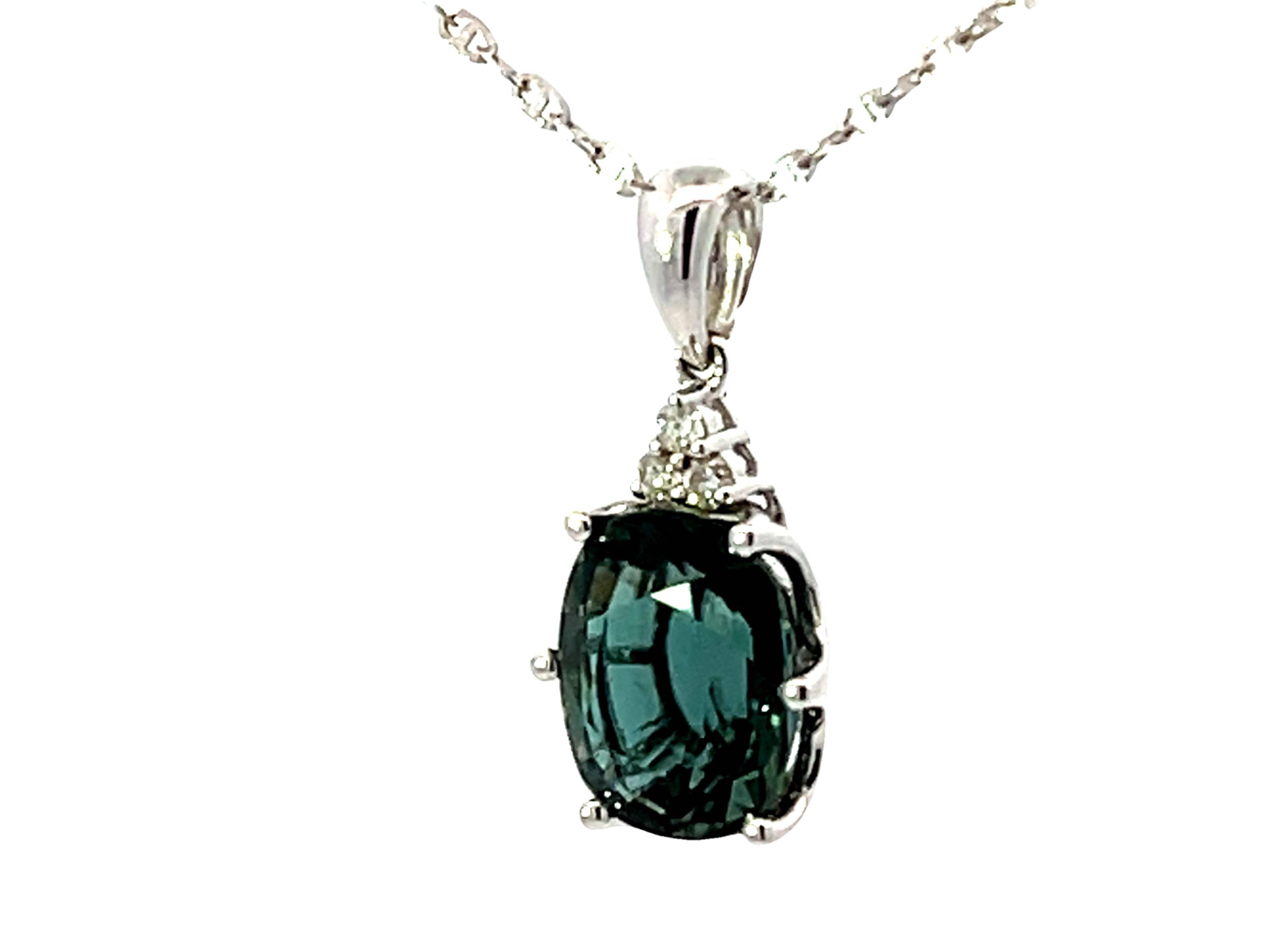 Oval Cut Blue Green Tourmaline Diamond Necklace Solid 18k White Gold For Sale
