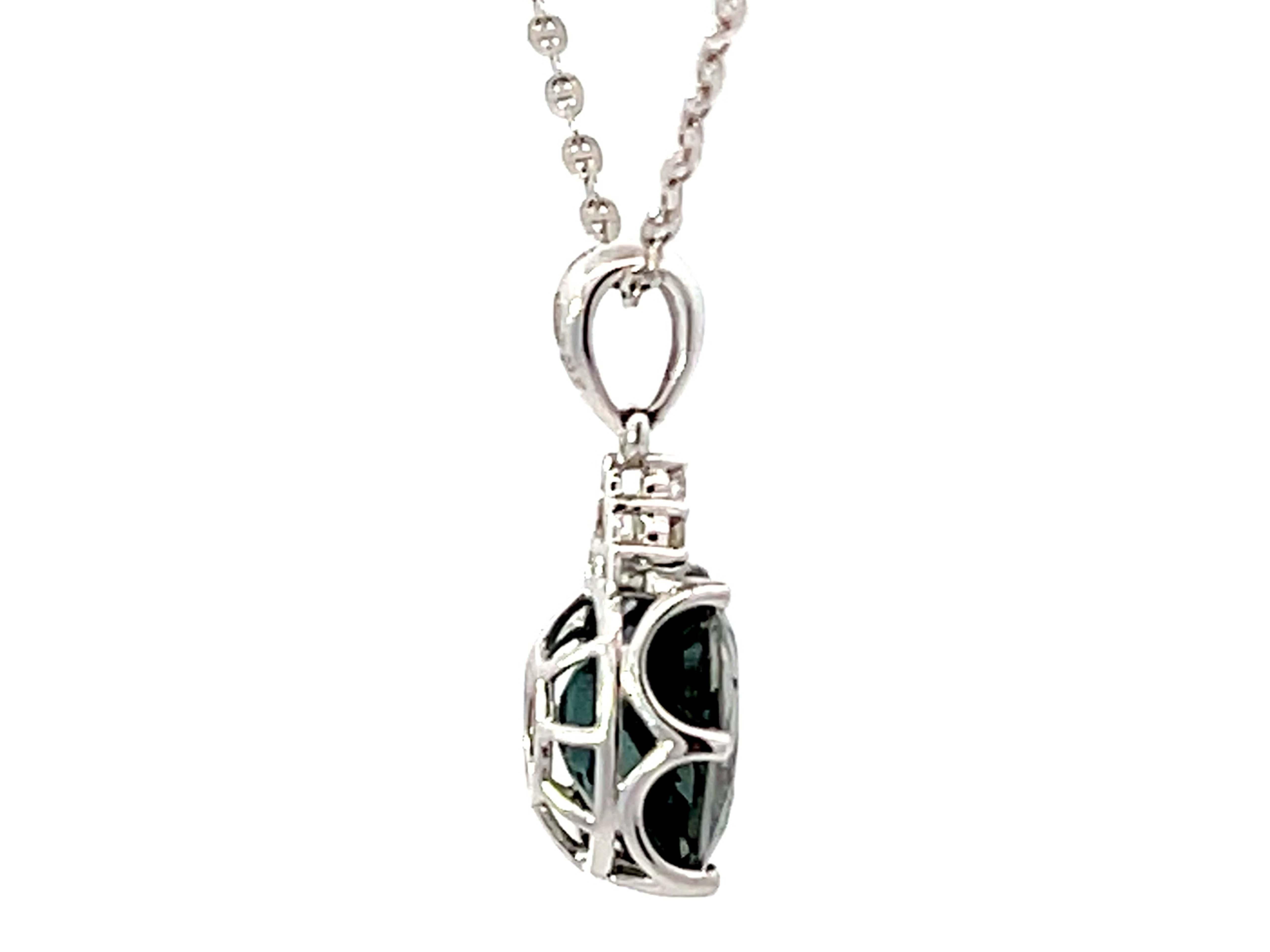 Blue Green Tourmaline Diamond Necklace Solid 18k White Gold In Excellent Condition For Sale In Honolulu, HI