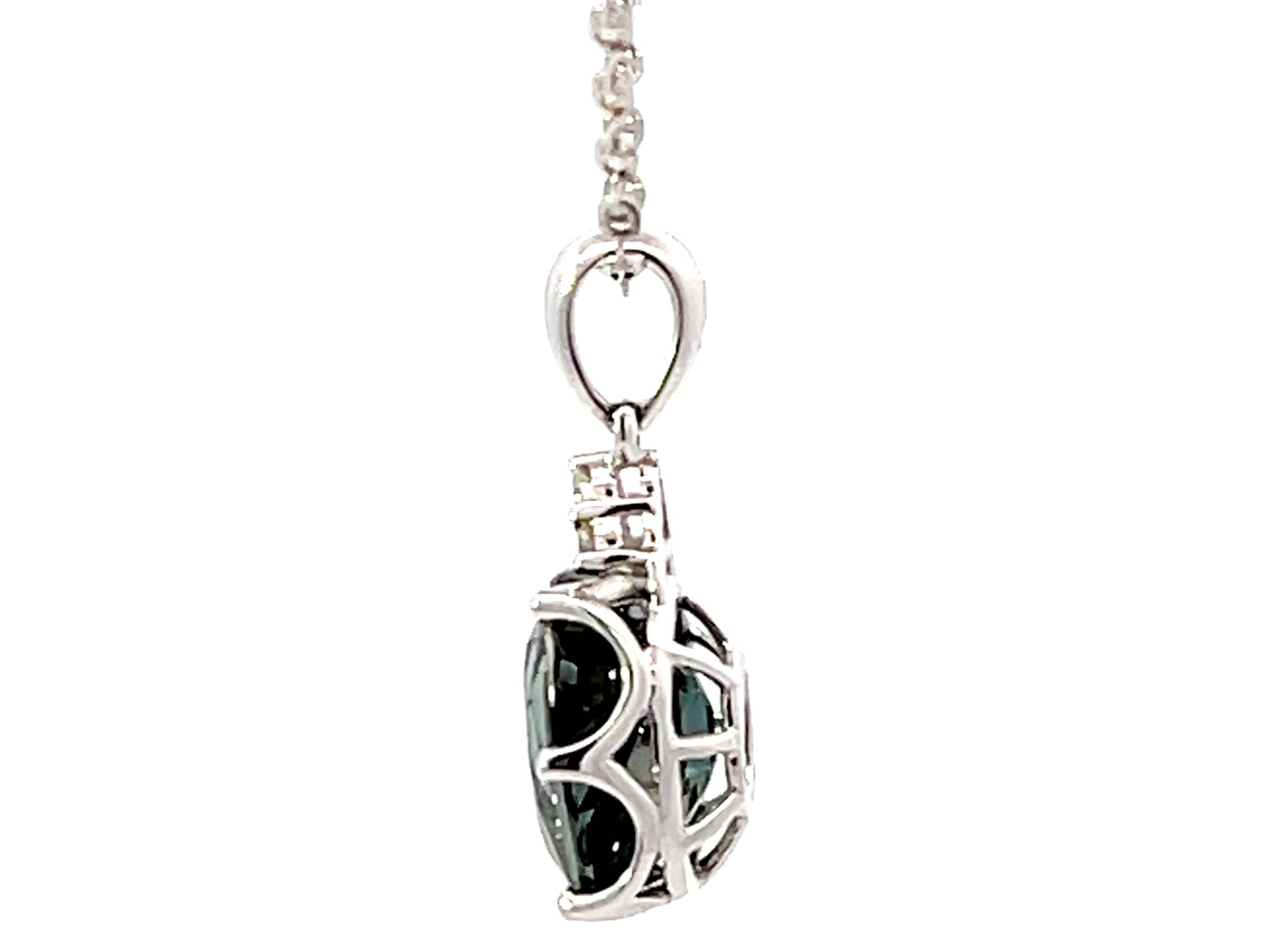 Women's Blue Green Tourmaline Diamond Necklace Solid 18k White Gold For Sale