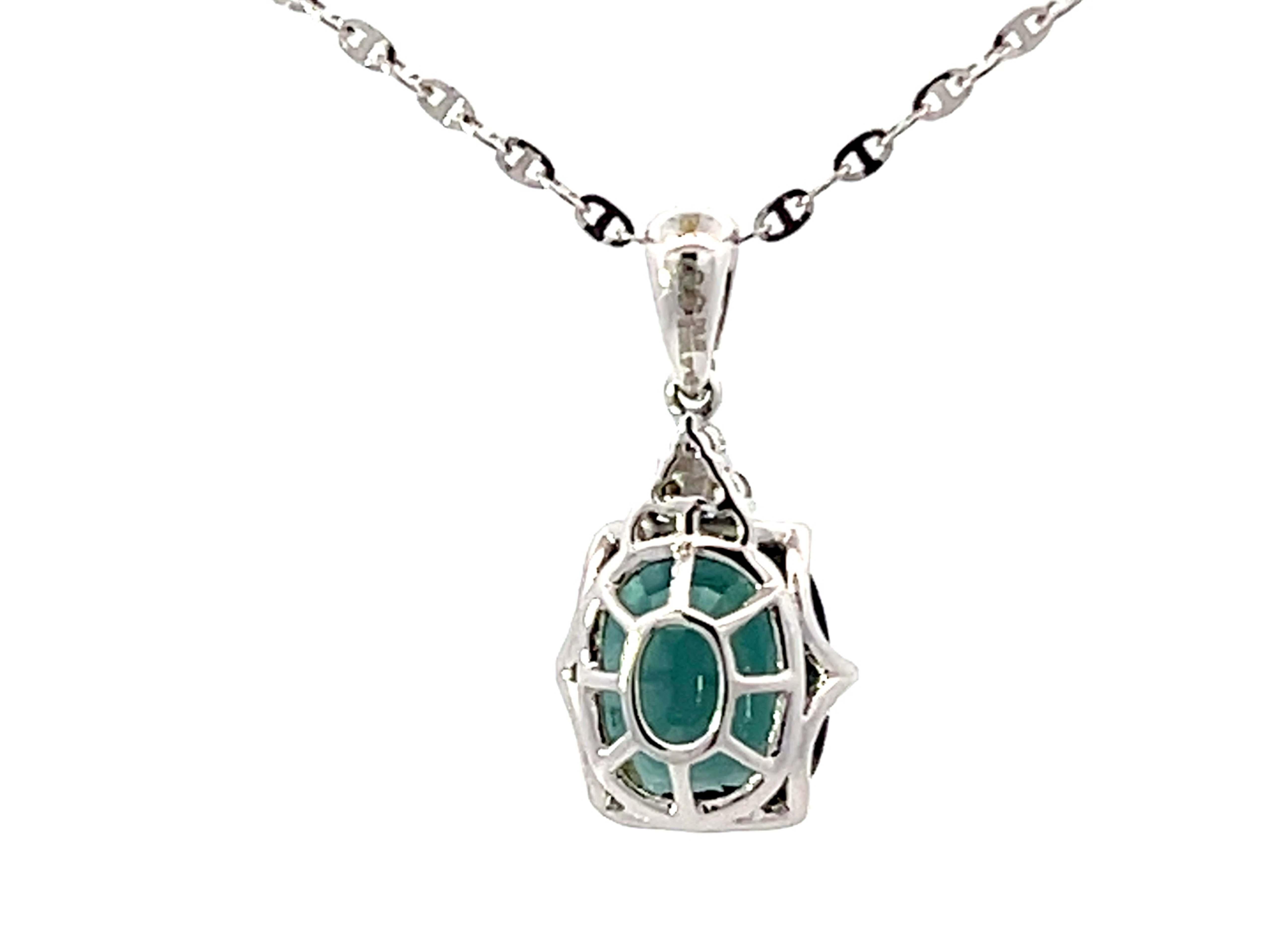 Blue Green Tourmaline Diamond Necklace Solid 18k White Gold For Sale 1