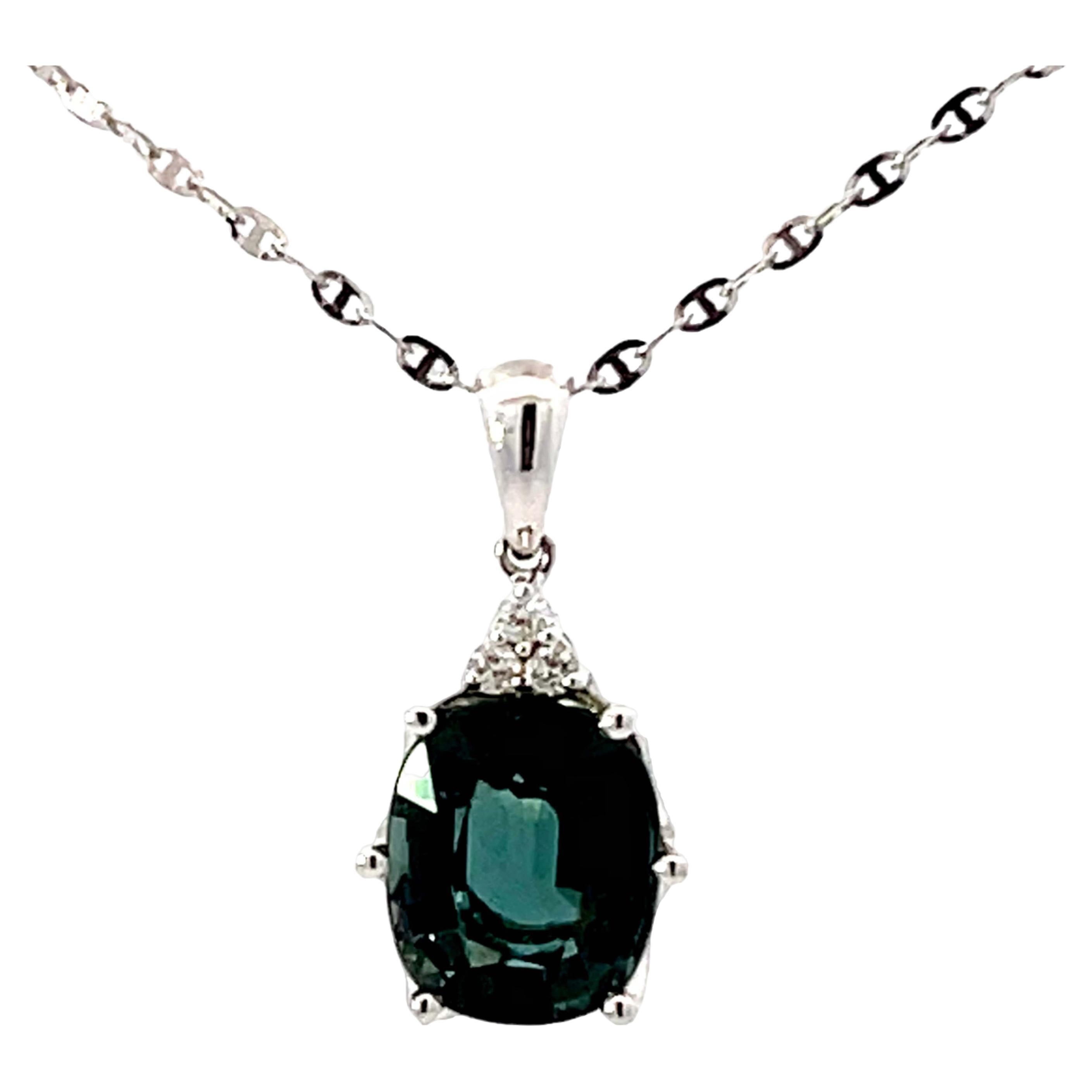 Blue Green Tourmaline Diamond Necklace Solid 18k White Gold For Sale