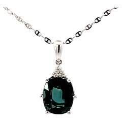Blue Green Tourmaline Diamond Necklace Solid 18k White Gold