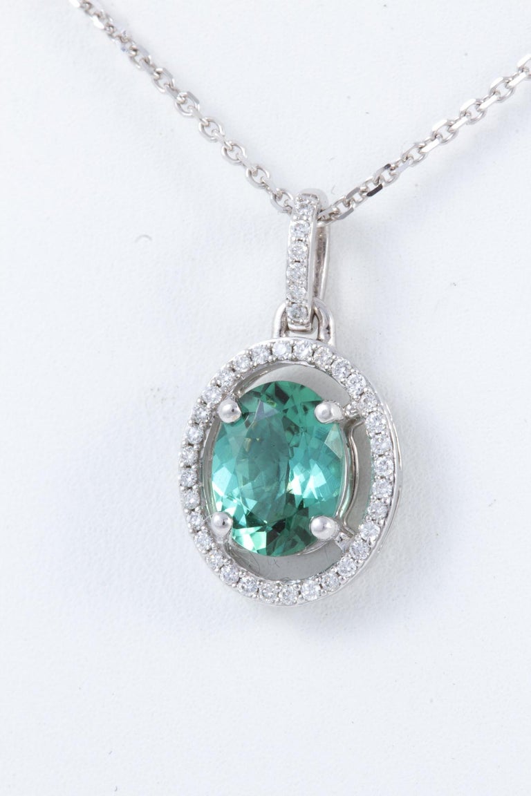 Blue Green Tourmaline and Diamond Pendant Necklace in 14 kt White Gold ...