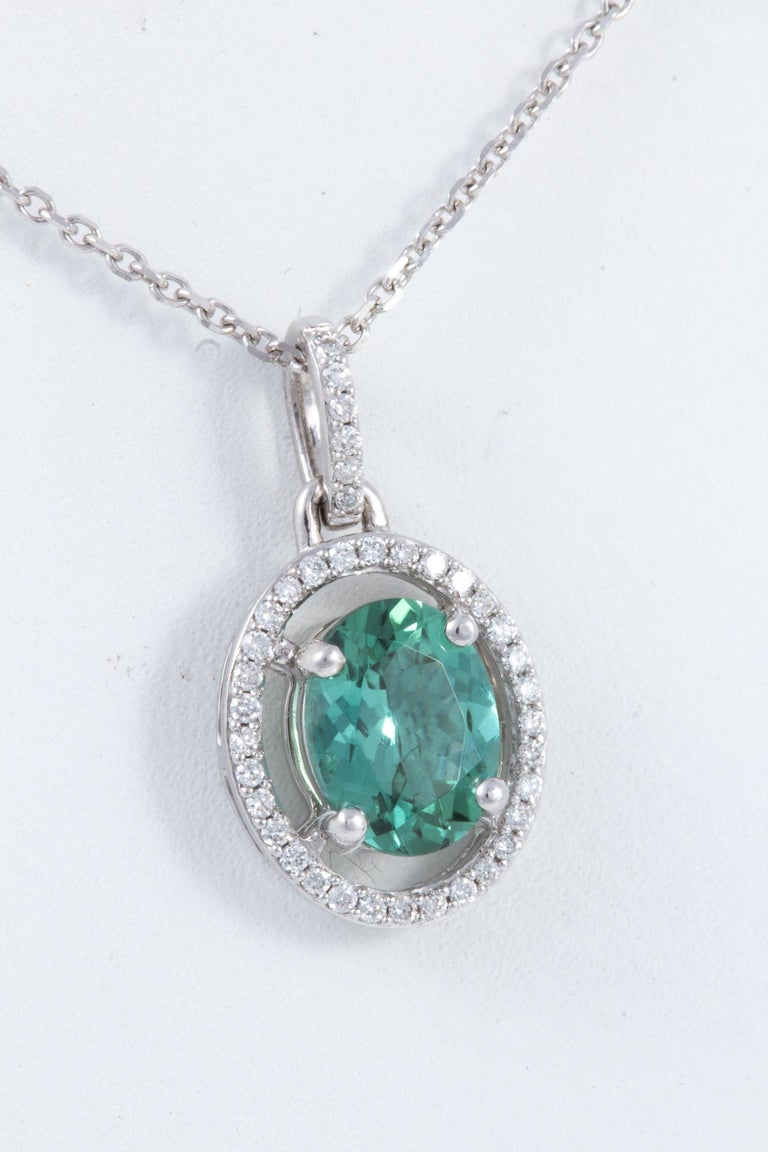 Blue Green Tourmaline and Diamond Pendant Necklace in 14 kt White Gold ...