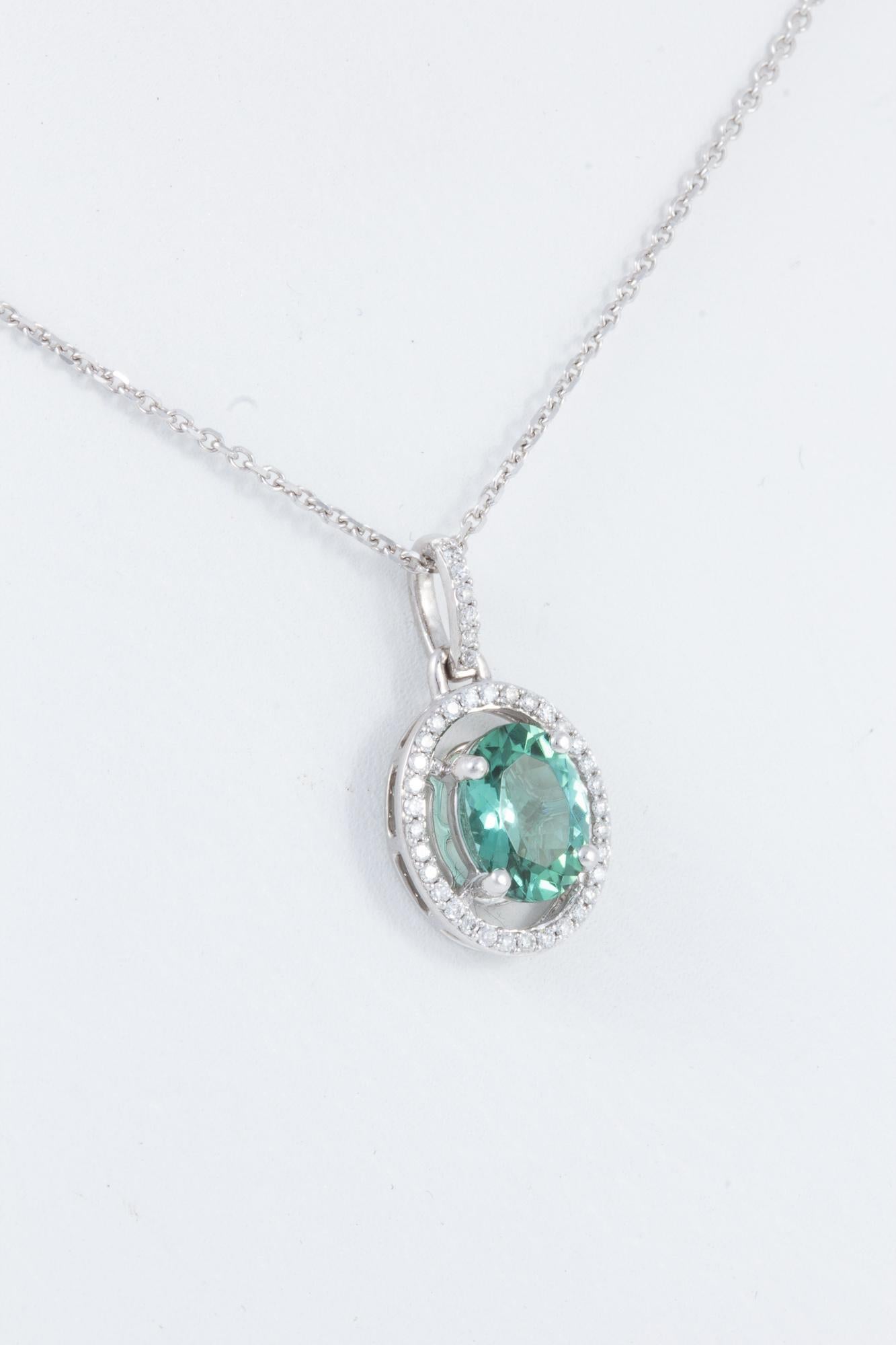 Artisan Blue Green Tourmaline & Diamond Pendant Necklace in 14 kt White Gold For Sale