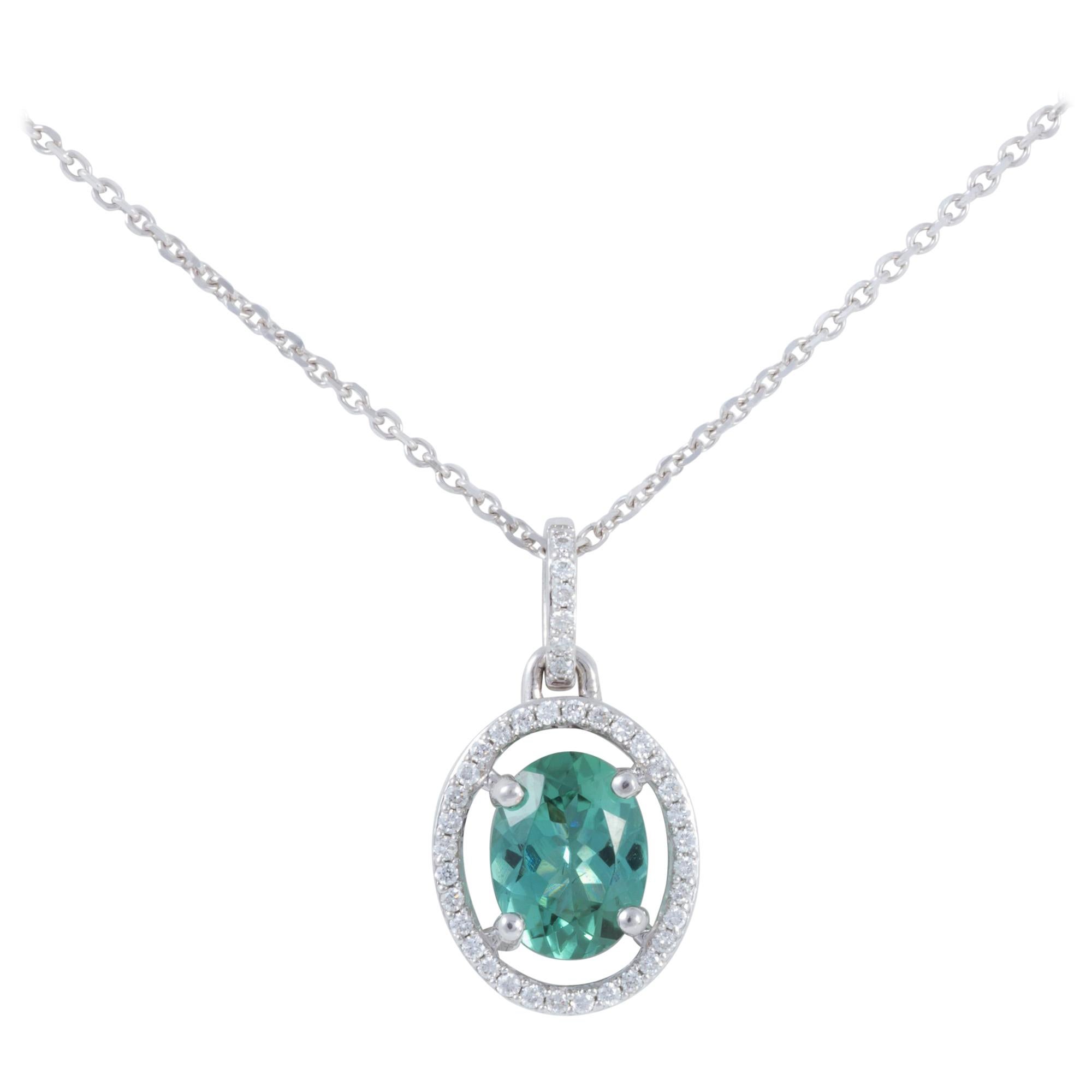 Blue Green Tourmaline & Diamond Pendant Necklace in 14 kt White Gold For Sale