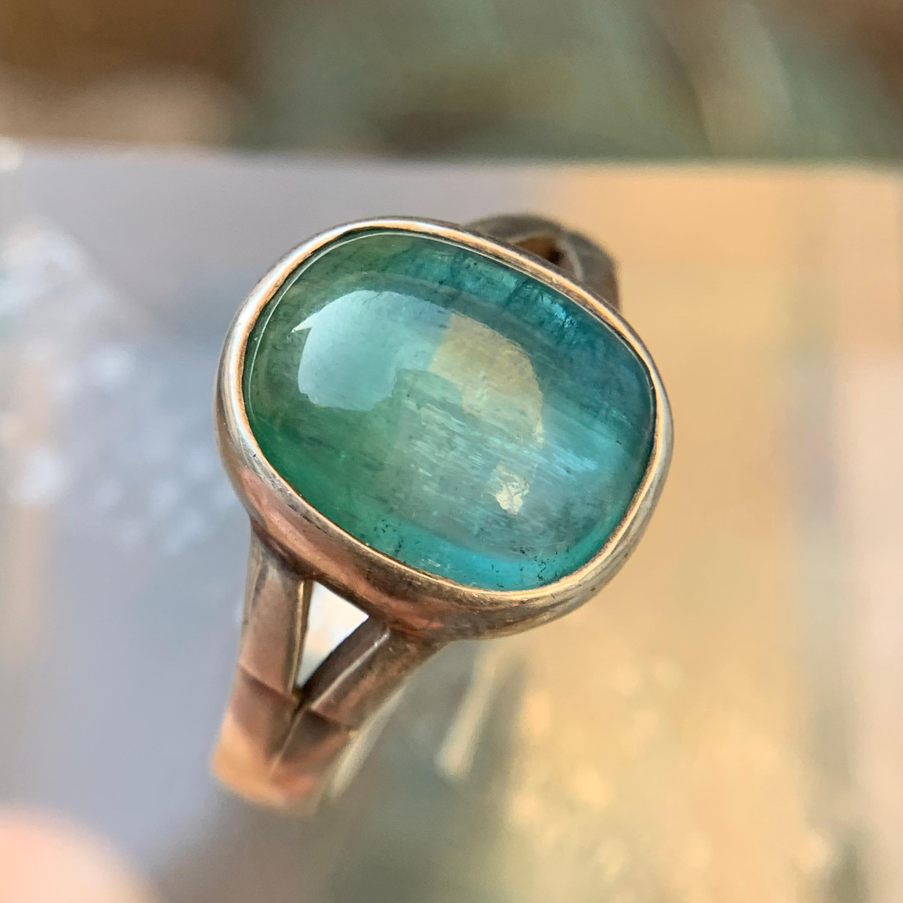 Anello in argento 925 fatto a mano con tormalina verde blu e gemma naturale, misura 8,5. in vendita 7